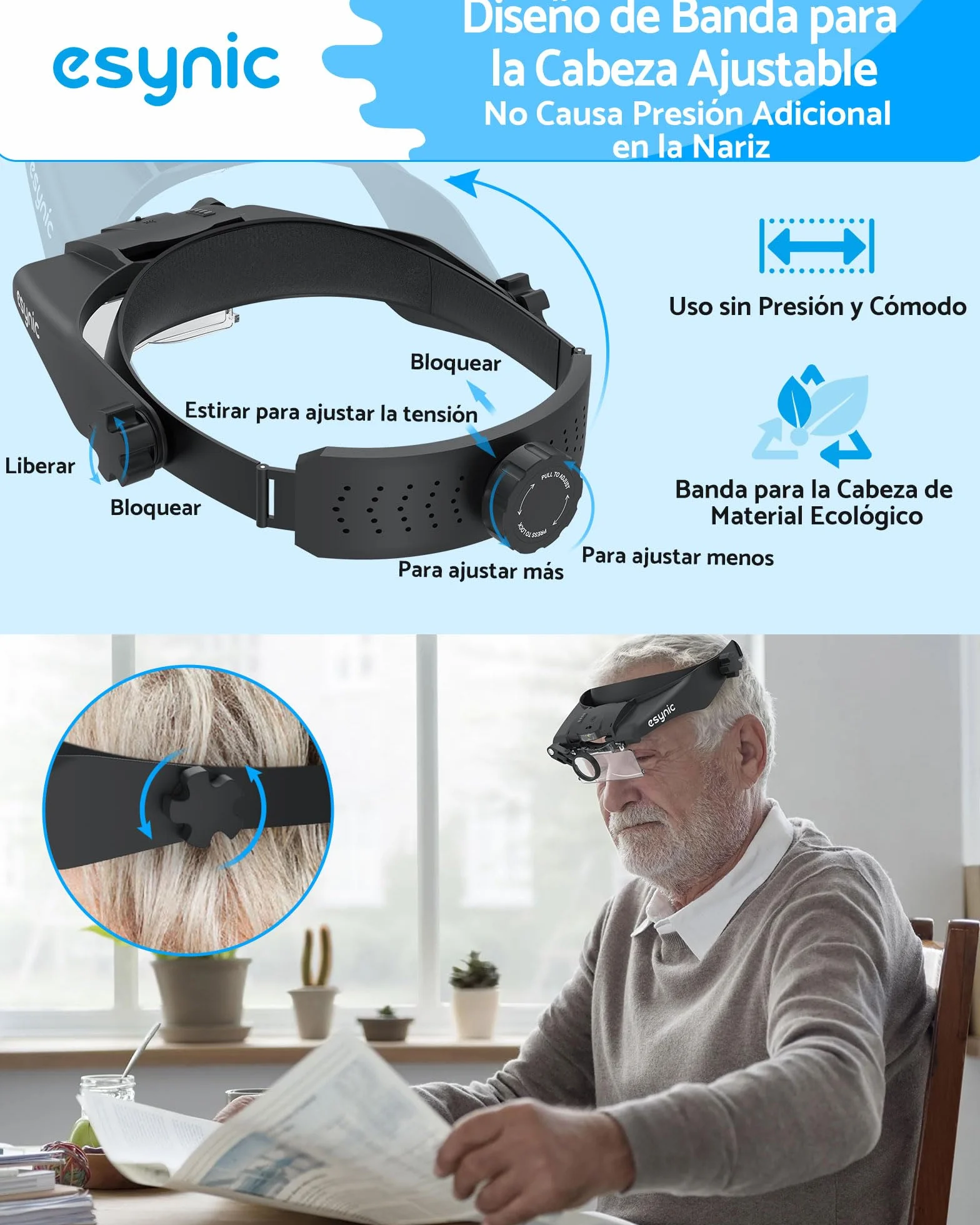 eSynic Gafas de Lupa Recargable con Luz Lupas de Gran Aumento 1.5X-13X con 5 Lentes Ajustable Gafas de Aumento Lupa con Control Táctil e Indicador de Batería para Manualidades,Leer,Coser,Joyería