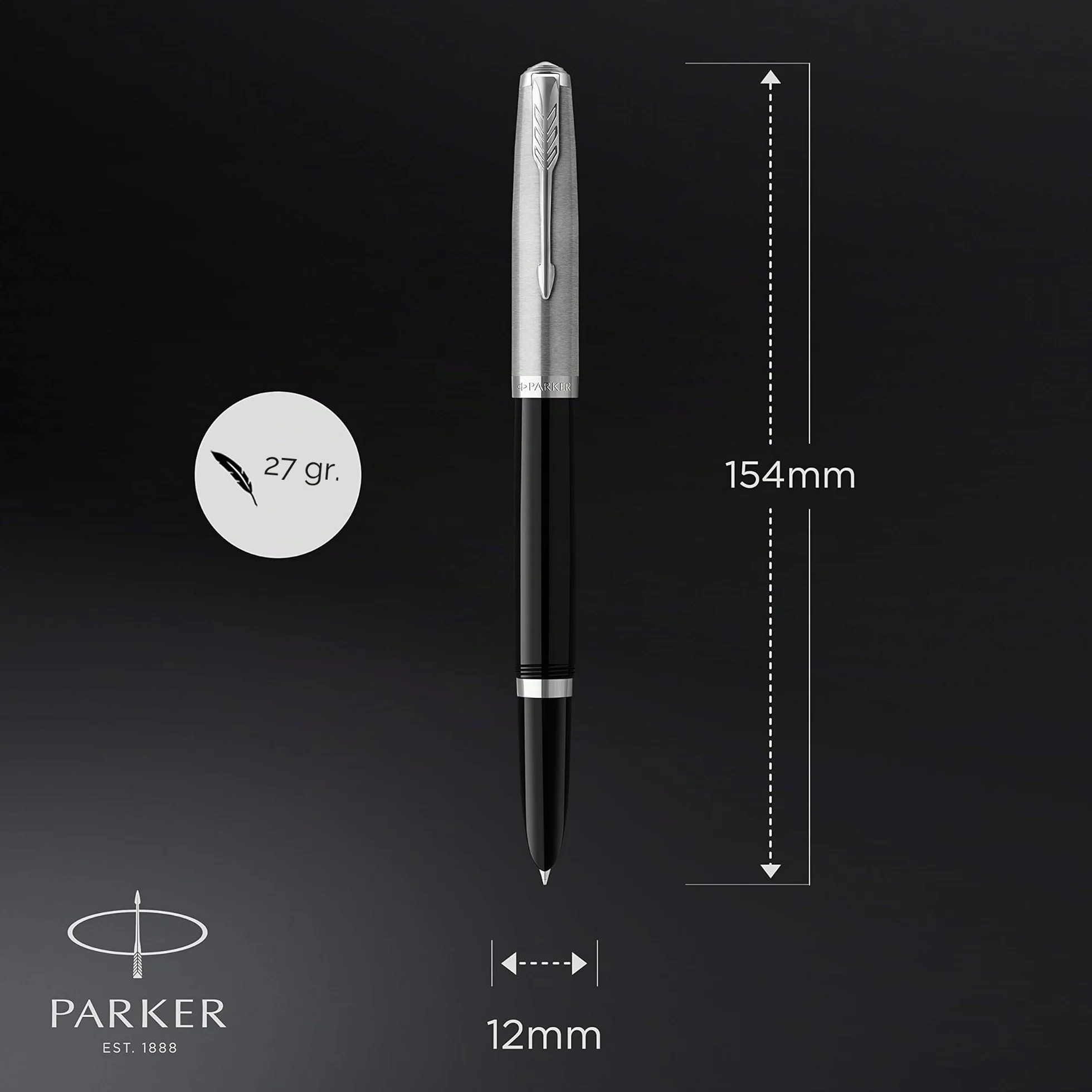 Parker 51 pluma estilográfica | cuerpo negro con adorno cromado | plumín fino con cartucho de tinta negra | estuche de regalo