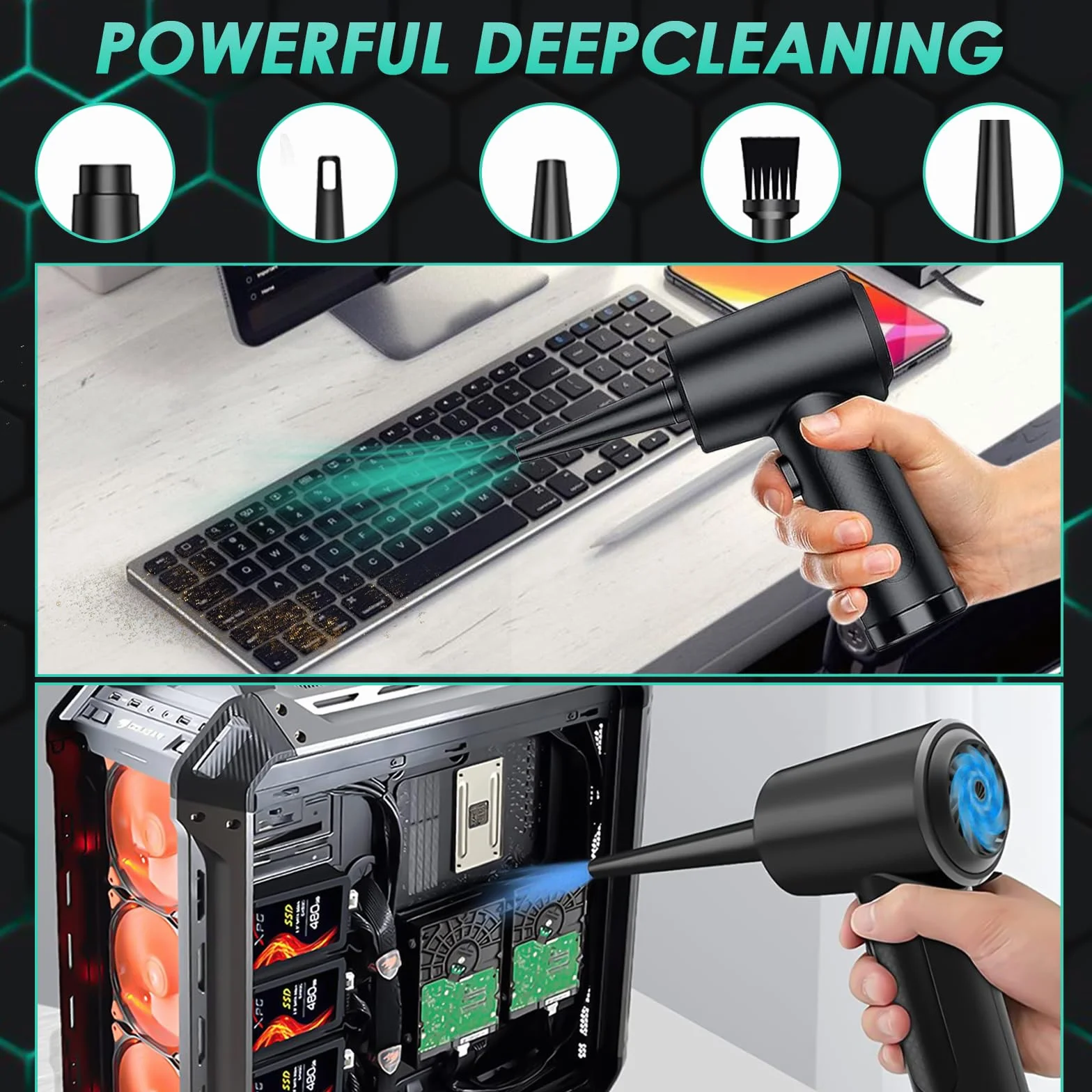Soplador de Polvo Eléctrico,3 Velocidades 100000 RPM Aire Comprimido Limpieza PC,Plumero Electrico Con batería de 6000mAh,Aire Comprimido Con LED para Laptop,Teclado,Coche,Oficina