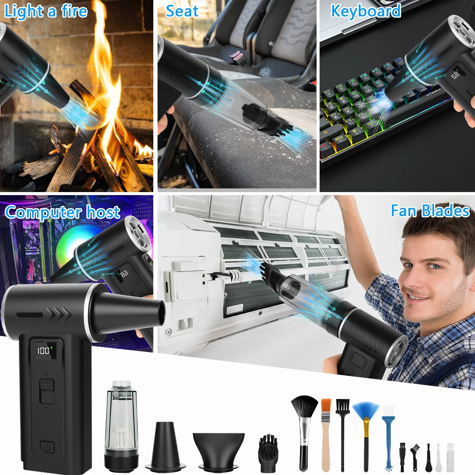 Soplador de Aire Comprimido 2 en 1 Soplador de Polvo Eléctrico y Aspirador 180000 RPM, Batería 8000mAh, 100 Niveles de Velocidad, Pantalla Digital, Limpieza de PC, Teclado y Coche, USB-C (Negro)