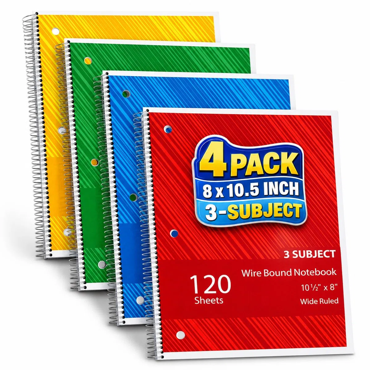 1InTheOffice Cuaderno en espiral con rayas universitarias de 11 x 8, cuadernos de 3 materias, cuadernos de espiral encuadernados con alambre, 120 hojas, colores surtidos, paquete de 4