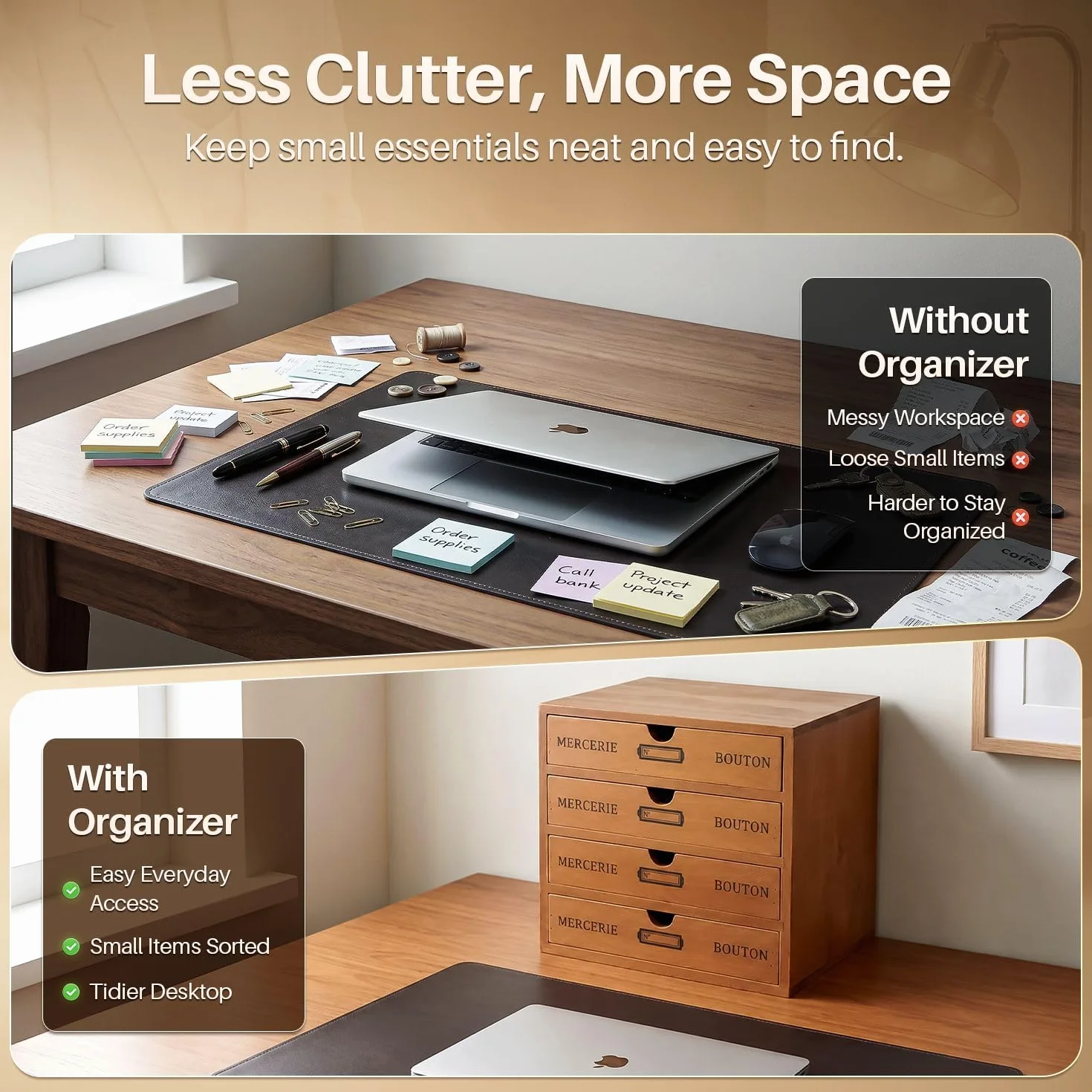 Flexzion Organizador de escritorio de madera con 4 cajones, gabinete de mesa de 4 niveles
