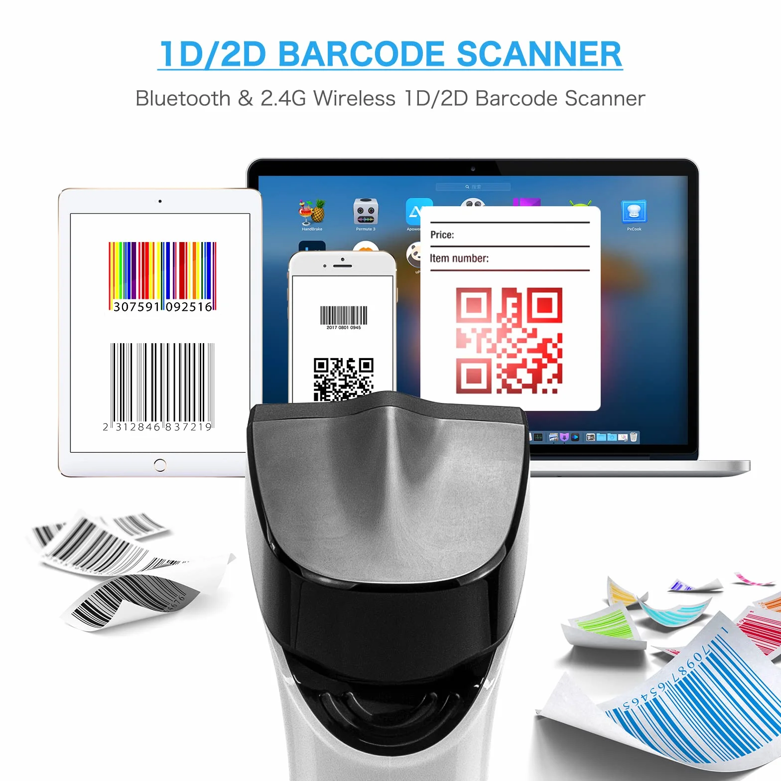 NETUM Escáner de Código de Barras Inalámbrico Bluetooth con Base de Carga Pistola de Escaneo de Detección Automática Funciona con Mac OS, Windows, iOS, Android - DS7500 (Blanco) | Con base de carga y memoria integrada, escaneo automático, rápido y preciso