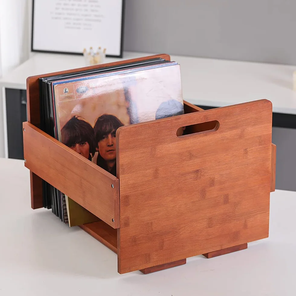 Caja de Almacenamiento para Discos de Vinilo Vintage Bambú Capacidad 80 LP Álbumes Marrón Oscuro