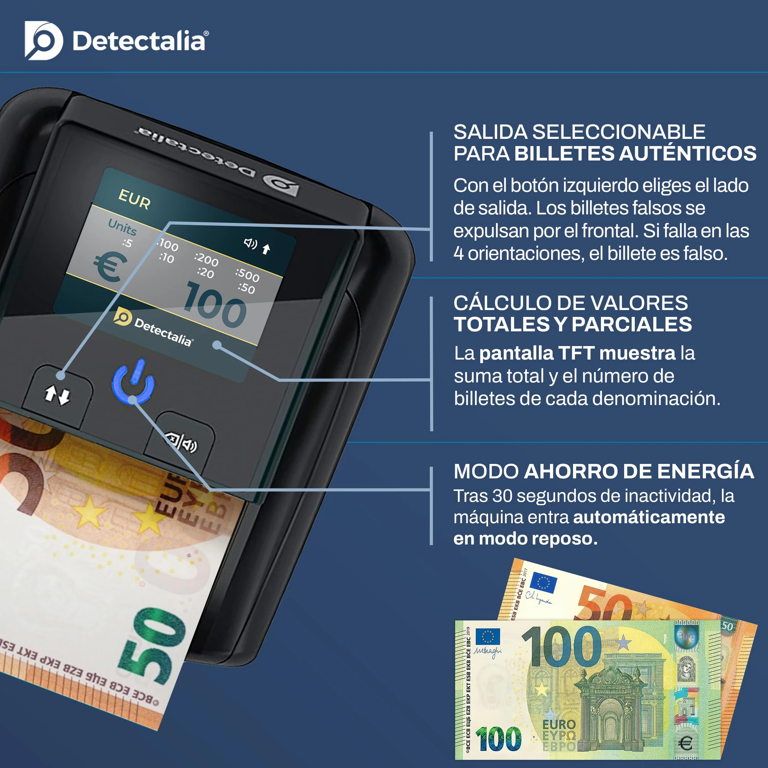 Detectalia D7T+ Detector de Billetes Falsos 5 Sistemas 3 Divisas EUR GBP USD Pantalla TFT