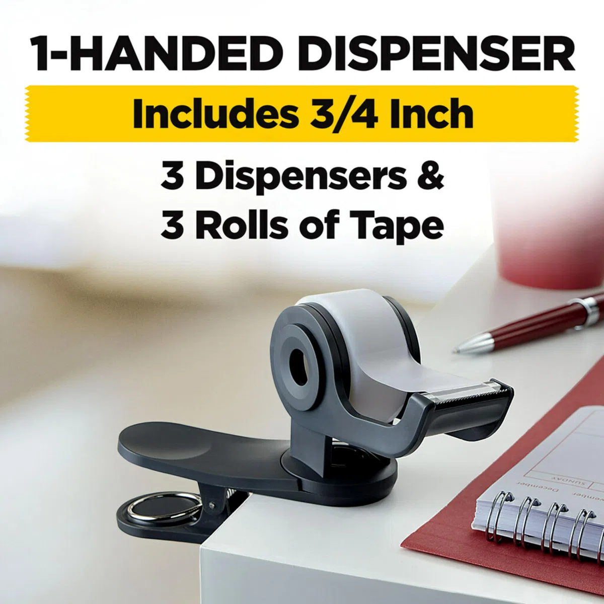 Scotch Dispensador de cinta Clip & Twist, clips a escritorios, mesas, gris carbón fácil, paquete de 3