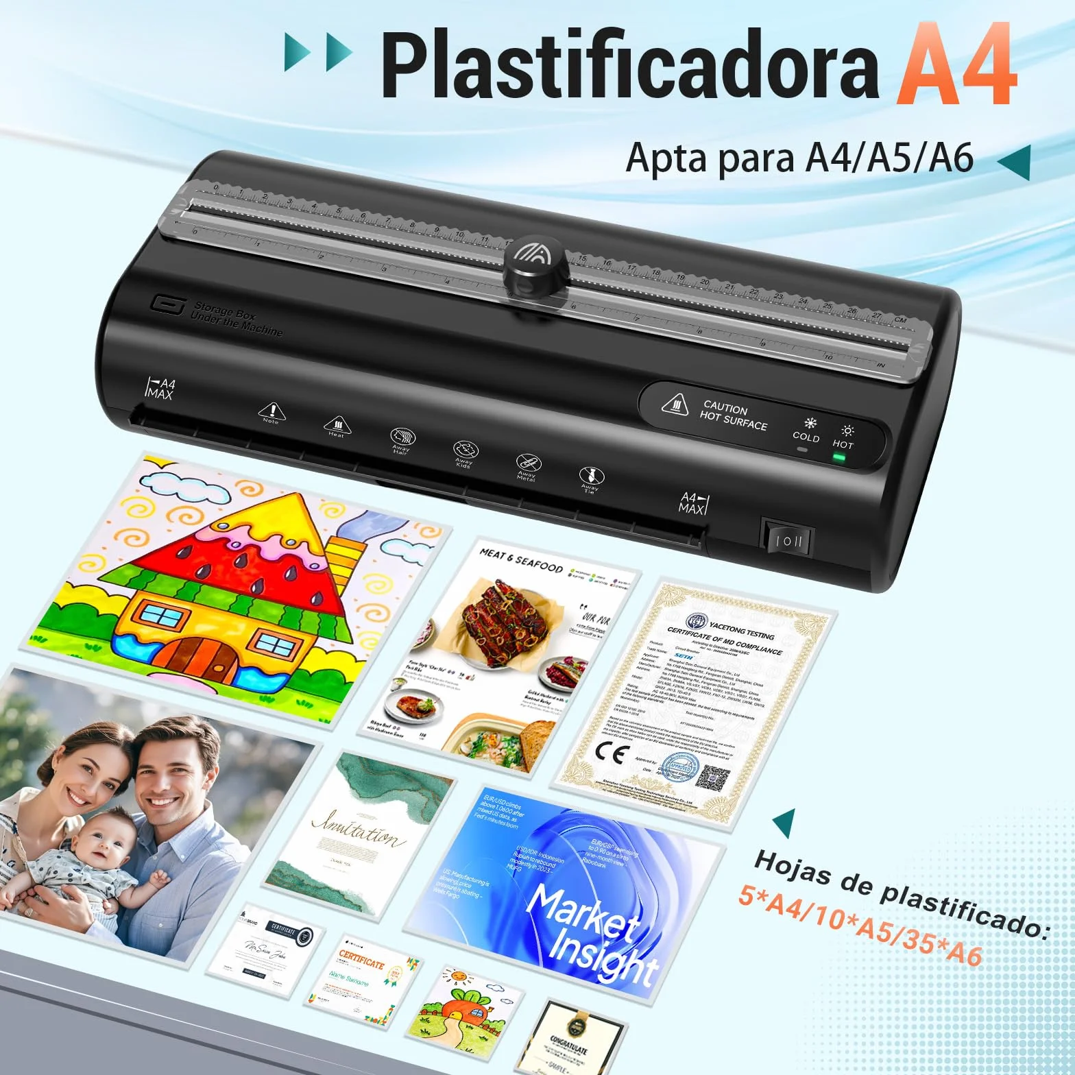 Plastificadora A4 Laminadora con 50 Bolsas Plastificación Frío Caliente Almacenamiento Recortadora Perforadora