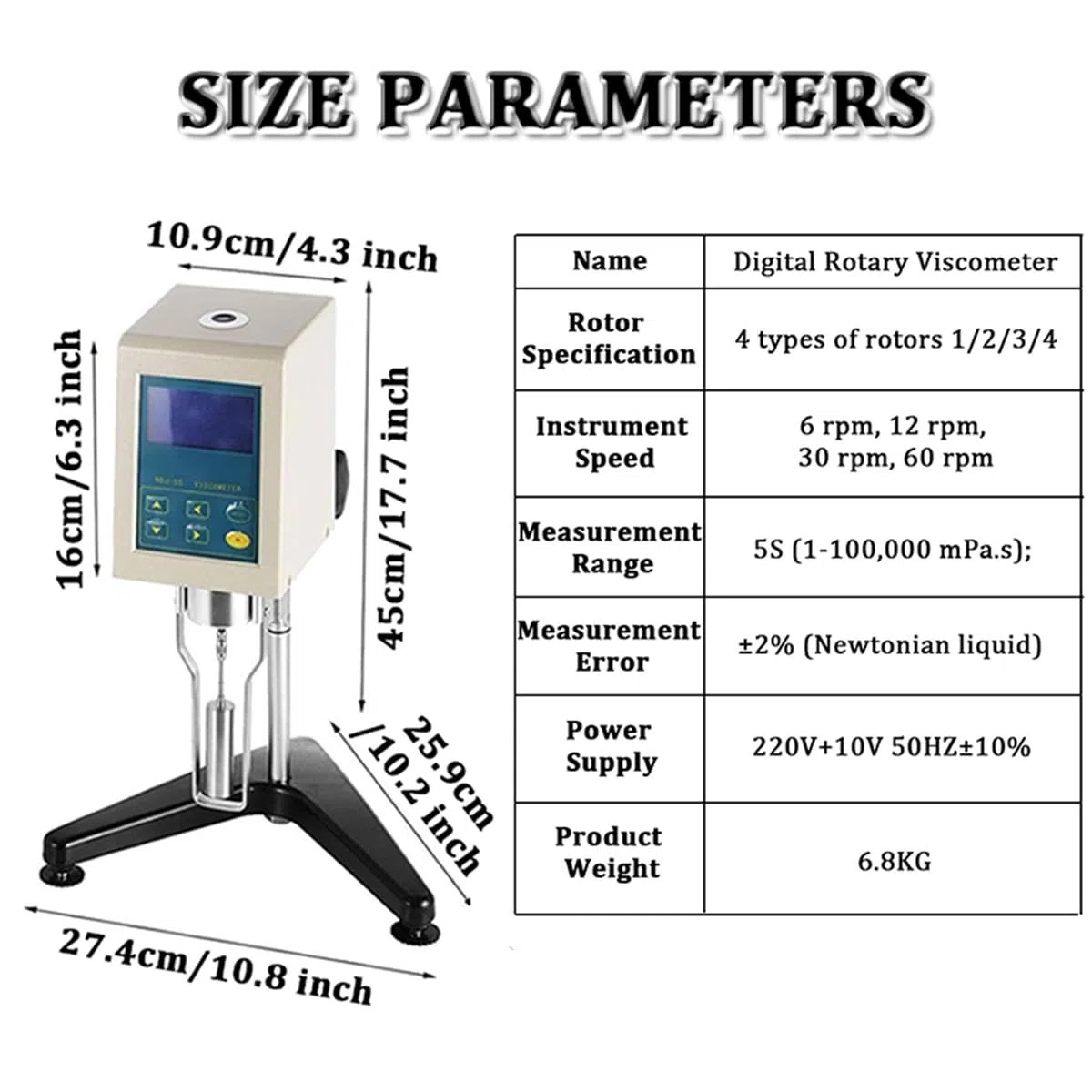 Viscosímetro digital giratorio con pantalla táctil con 4 rotores ± 1% de precisión para pinturas, recubrimientos, grasas, cosméticos, 1-100000 mPa.S