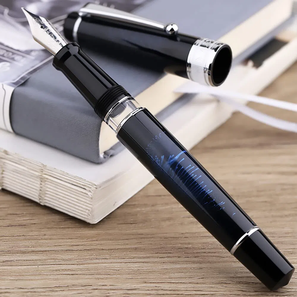 erofa Majohn T5 Piston Pluma estilográfica azul fuegos artificiales punta mediana, gran capacidad de tinta juego con caja