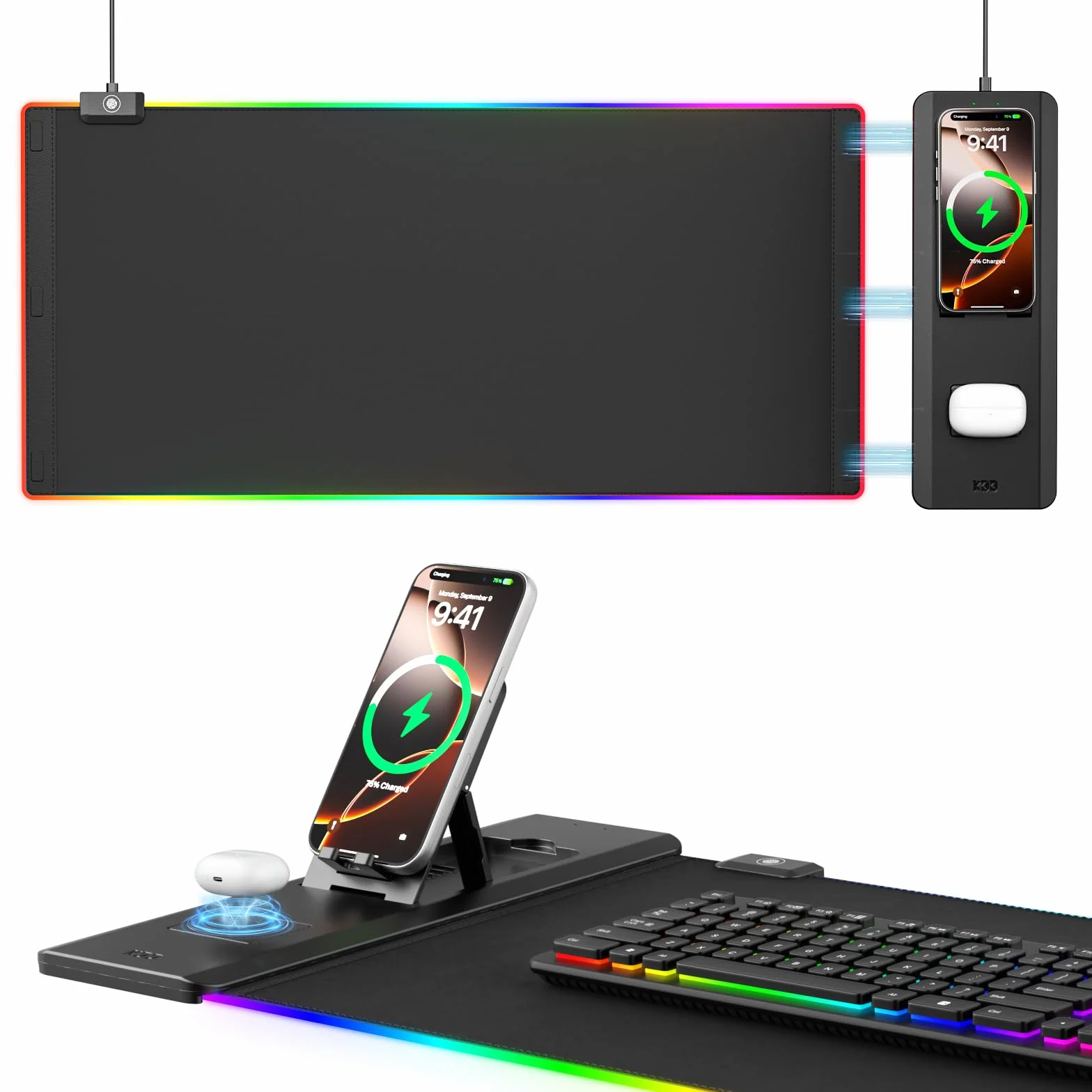 KDD LED Alfombrilla Ratón Gaming con 15W Carga Inalámbrica, Tapete Escritorio con Soporte Móvil Plegable, Mouse Pad XXL Antideslizante para Juegos Accesorios Gaming PC Auriculares Reloj (70x33cm)