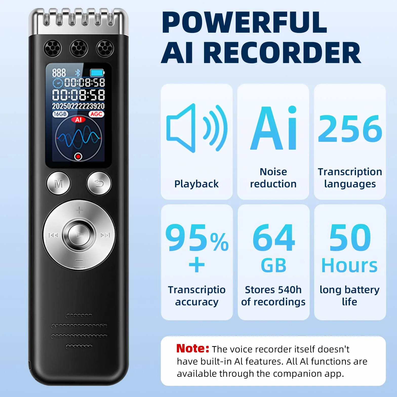 Registrador de Voz AI - Registrador de Voz Profesional Portátil, Transcribe y Resume con Tecnología AI, Compatible con 256 Idiomas, Control de Aplicación