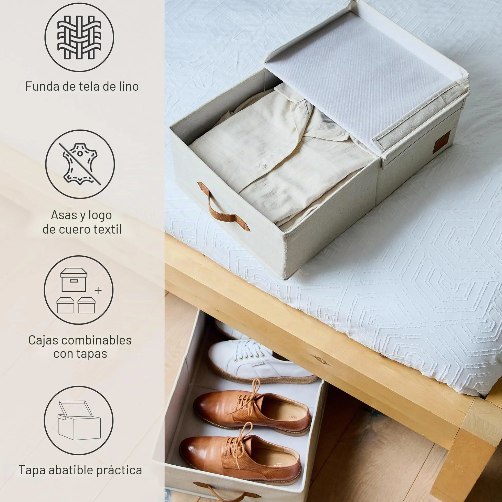 LOVE IT STORE IT Premium - Caja de almacenaje con tapa (2 unidades, de tela de lino, juego de 2 unidades, tamaño mediano, estable, beis, 50 x 33 x 16 cm)