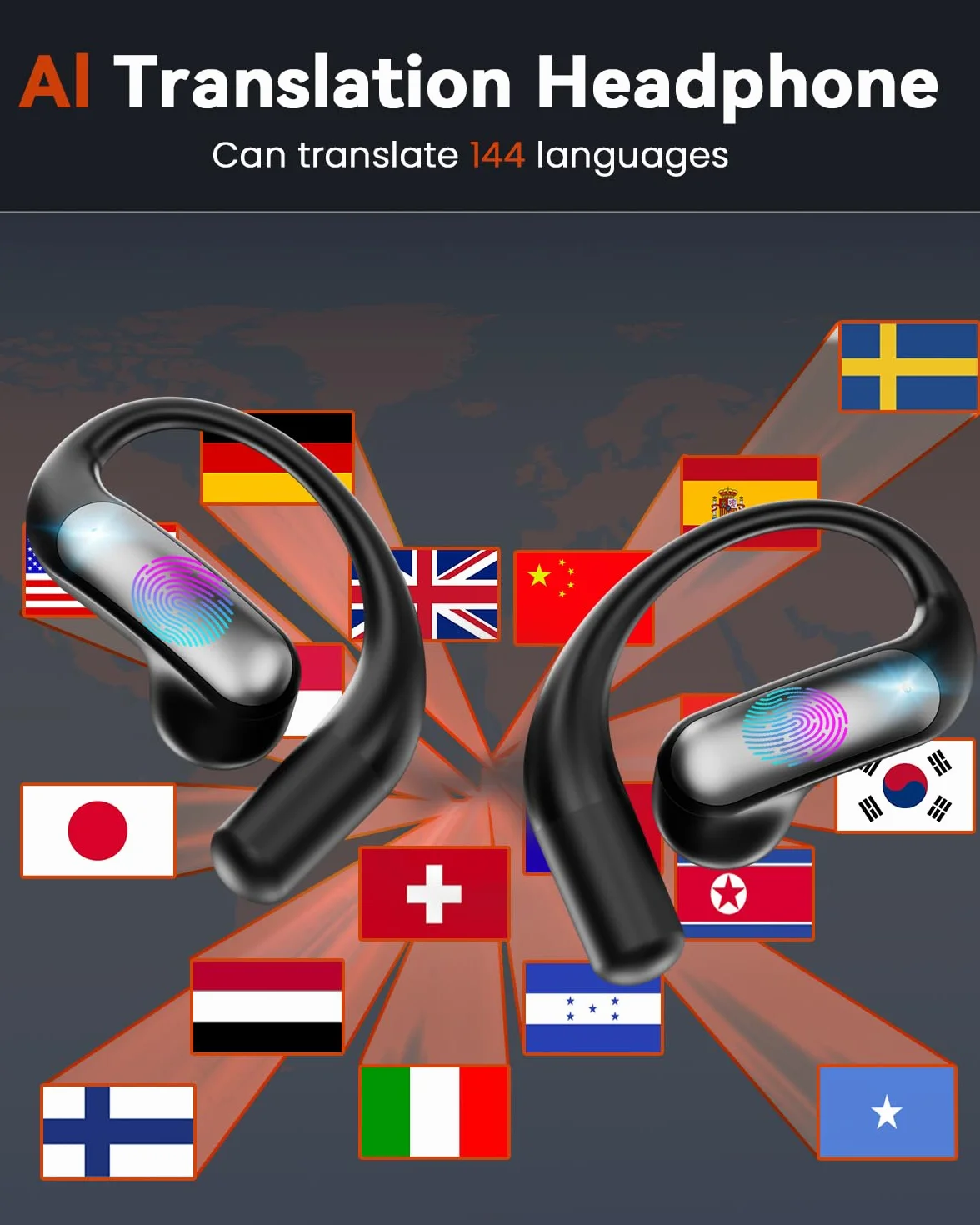 ANSTEN Auriculares Traductor en Tiempo Real con IA - Traductor Instantaneo de Voz Multilingüe 144 Idiomas, 7 Modos Traducción, 4-en-1 Cascos Bluetooth inalámbricos para Viajes/Reuniones/Estudios