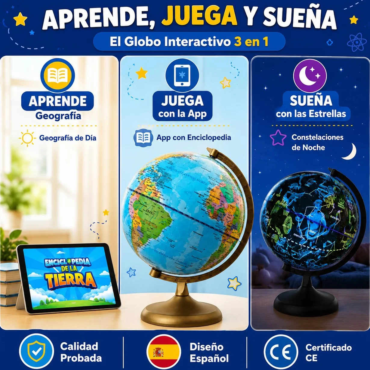 Globo Terráqueo Interactivo Niños con App Luz LED Español Big Minds