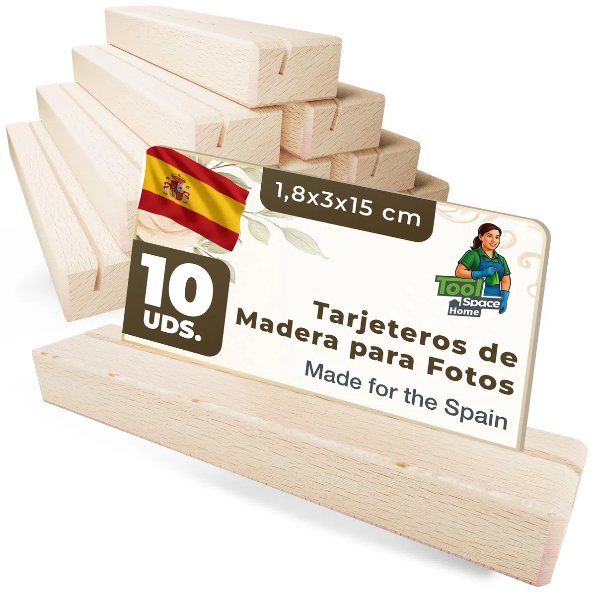 ToolSpace Soporte de Fotos de Madera - Soporte de Exhibición de Tarjetas de Menú de Madera - Soporte de Tarjetas de Visita - Soporte de Tarjetas de Visita de Madera de Haya Natural - 1.8x3x15 cm 10pcs