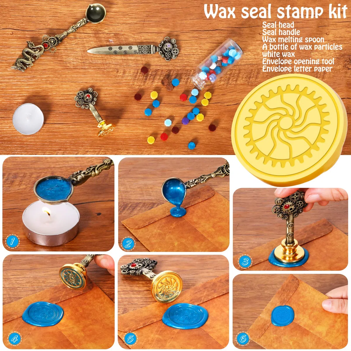 Juego de pluma de tinta de cuero cuaderno con pluma quill, 5 plumas intercambiables, sello de sello, cuchara, perlas, cera blanca, soporte para bolígrafos, taza, sobre, papelería (azul), Regalos