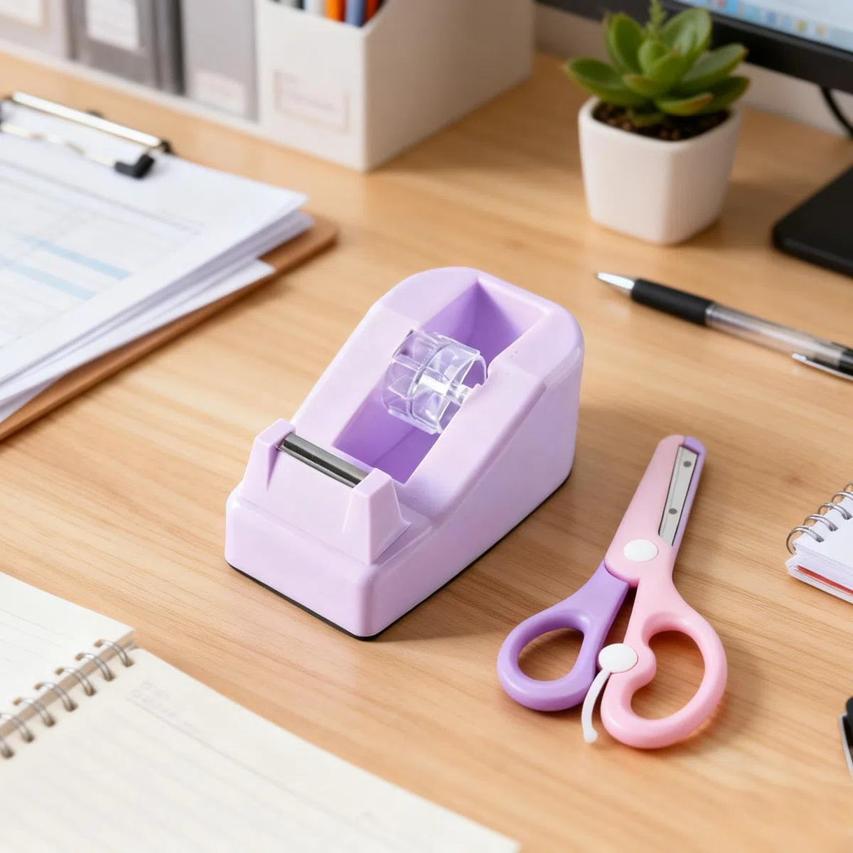 XEUZK Kits de dispensador de cinta de escritorio con dispensador de cinta antideslizante con peso, incluye 9 rollos de cinta transparente (0.71 pulgadas x 500 pulgadas cada uno) y tijeras rosas, 2