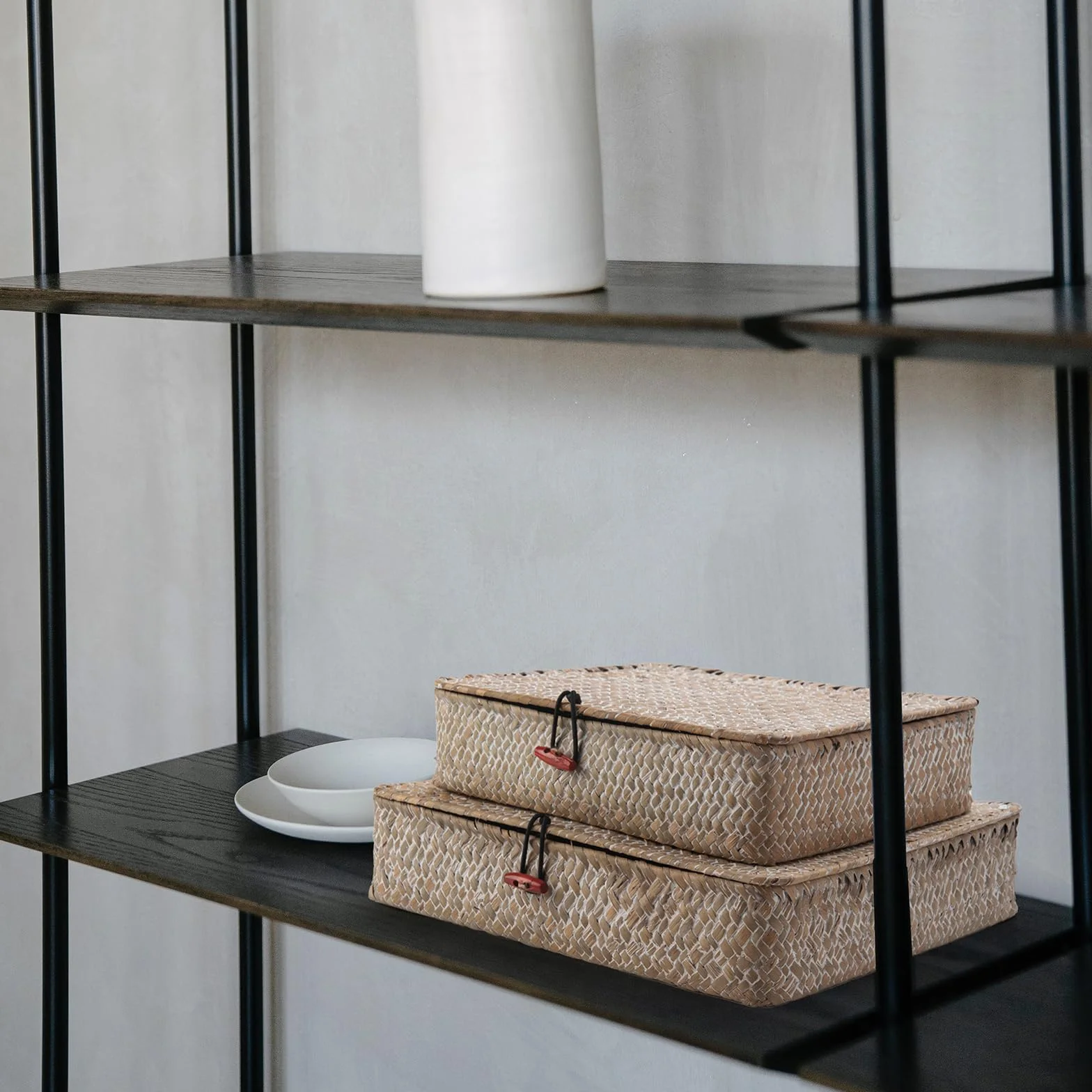Cesta Almacenamiento con Tapa Seagrass Ratán Cestas de Mimbre Rectangular 2 Piezas (Grande + Pequeño)
