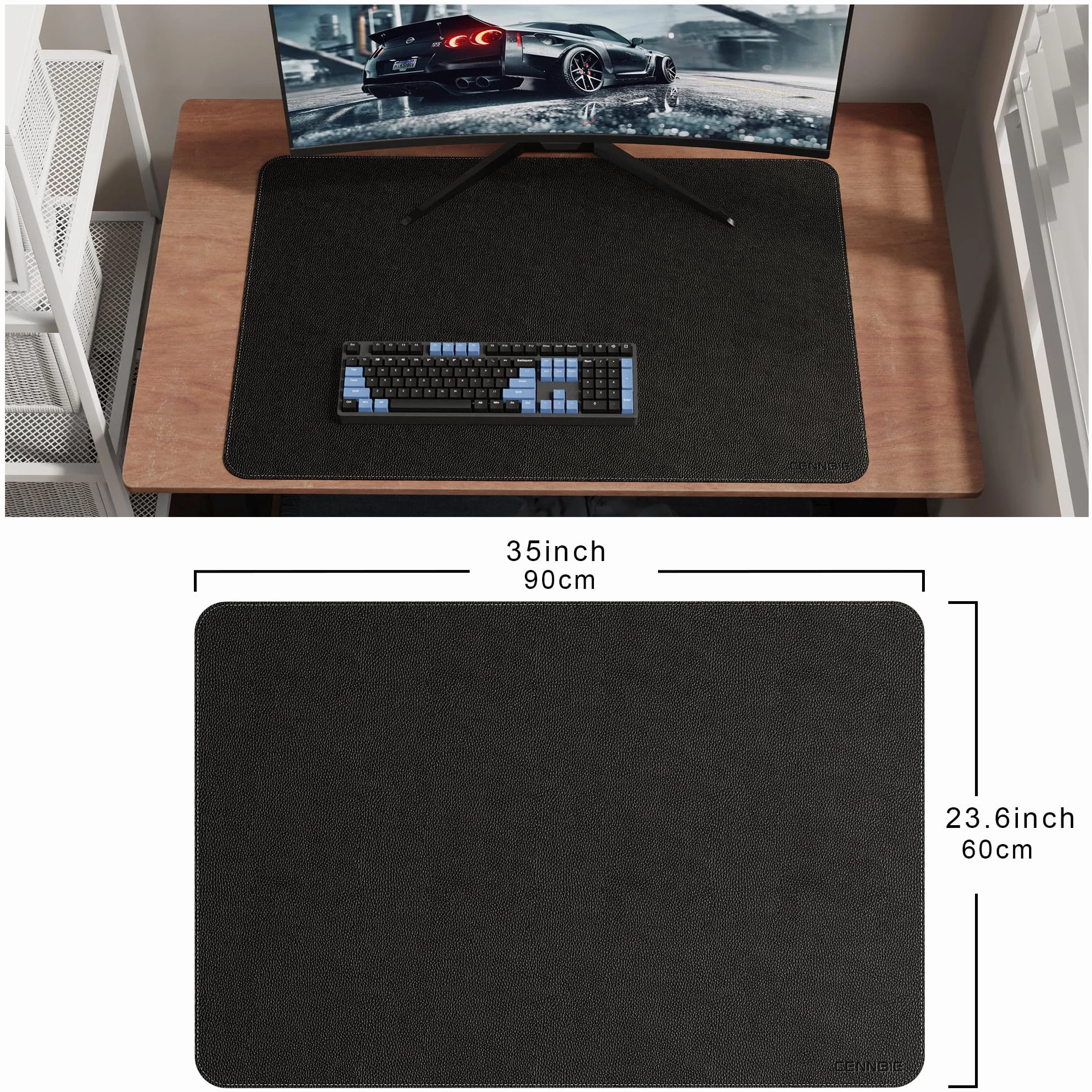 CENNBIE Alfombrilla de Escritorio de Piel 90x60cm XXL, Protector de Mesa Impermeable y Antideslizante, Alfombrilla de Ratón Grande para Oficina y Hogar (Negro)