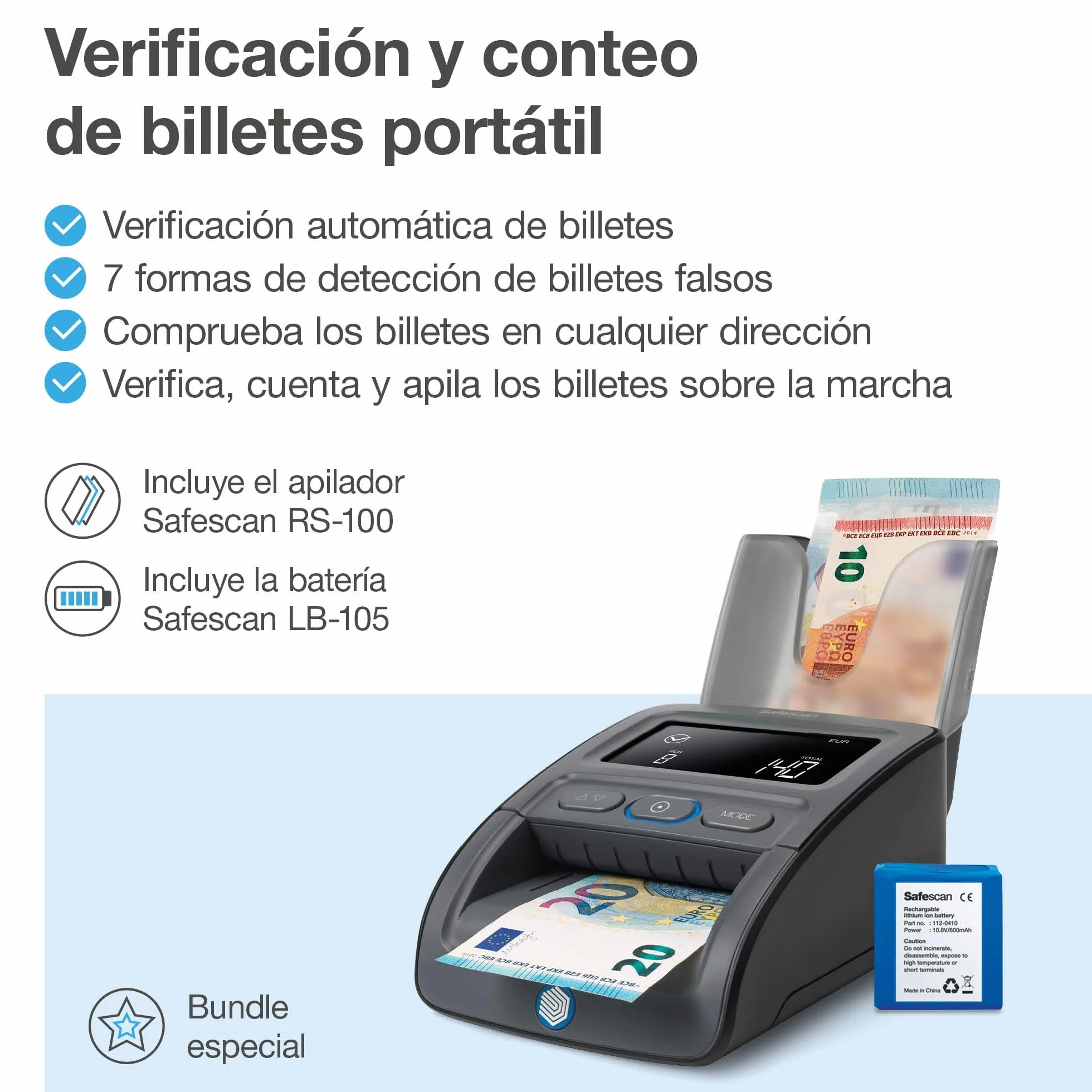 Safescan 155-S detector de billetes falsos portátil 7 puntos de detección
