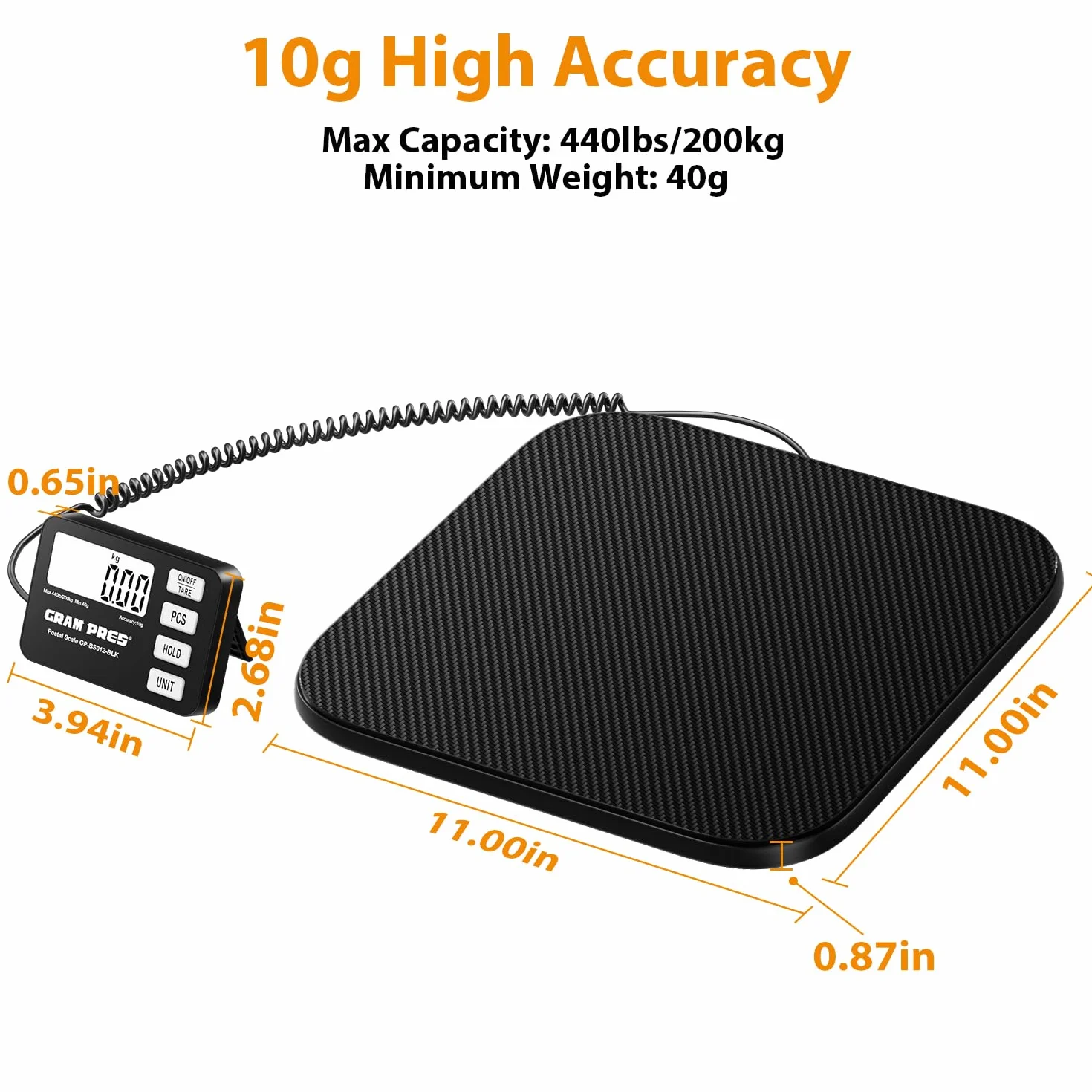 GRAM PRES Báscula de envíos digital 200 kg/10 g pantalla LCD retención tara piezas batería USB