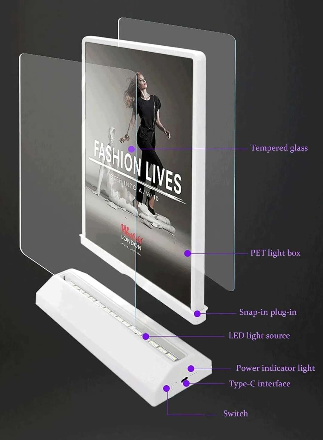 Tableros de menú LED A4, Caja de luz LED publicitaria de Escritorio A4, Soporte de menú de póster de Doble Cara, Pantalla de Escritorio Recargable Marco publicitario