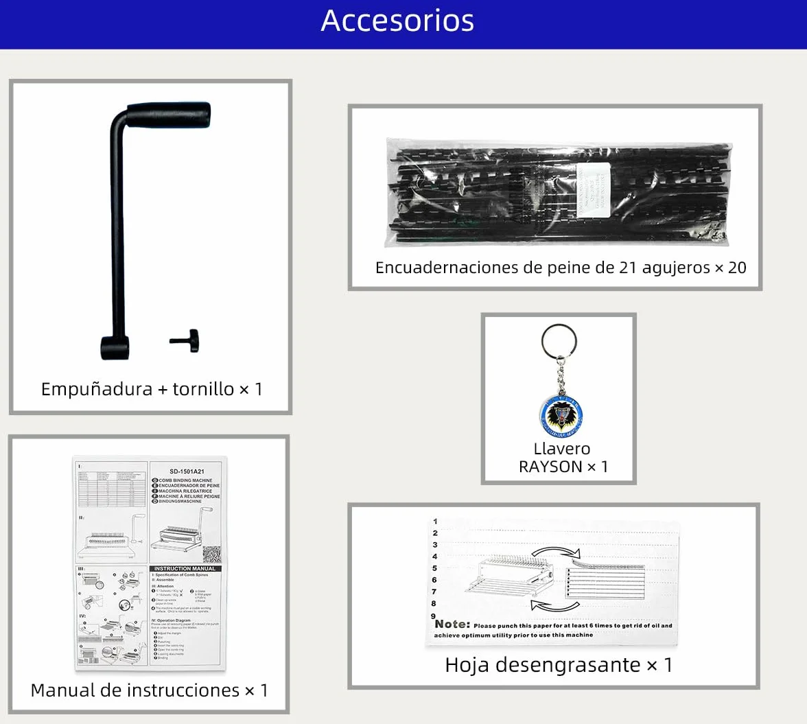 RAYSON Máquina para Encuadernación, Hasta 200 hojas, Punzón Ajustable, SD-1501A21 | 21 troqueles de desenganche, construcción de metal duradero, suministros de encuadernación incluidos