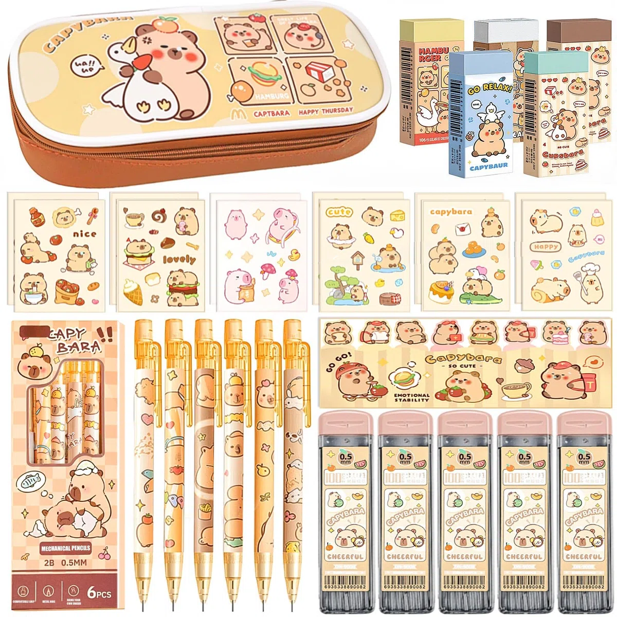 Capybara - Suministros escolares, juego de lápices mecánicos Capybara, regalos de cumpleaños de papelería Kawaii, incluye lápices mecánicos, recambios de plomo, gomas de borrar, calcomanías de