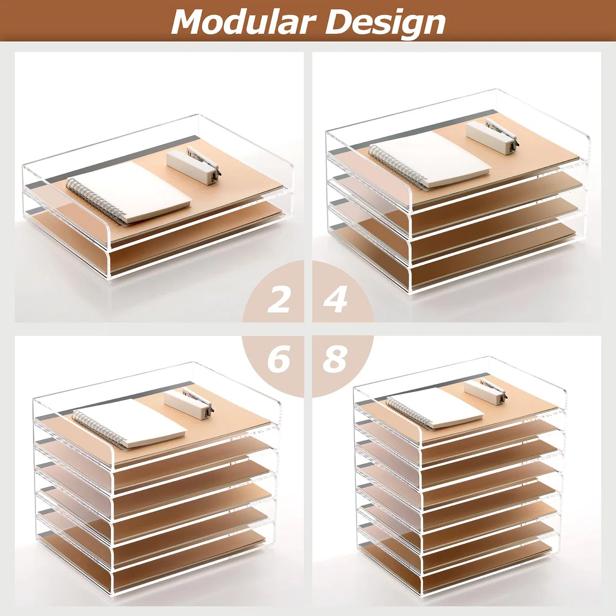 SANRUI Bandeja de papel acrílico de 4 niveles, organizador de archivos apilable para papel A4, cartas, archivos, accesorios de escritorio de oficina transparentes para el hogar, escuela, oficina