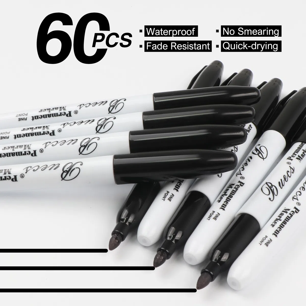 Buecs Marcadores permanentes, 60 unidades de marcadores permanentes negros, punta fina, marcadores impermeables y a prueba de manchas, secado rápido, suministros de oficina para la escuela, oficina