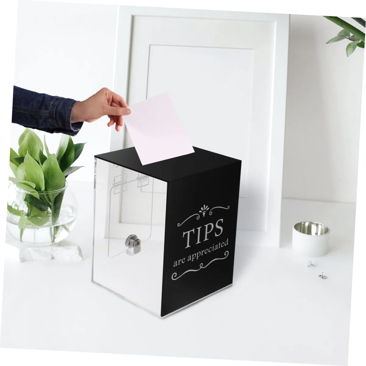 TEHAUX Caja de Propinas Contenedor Moderno de Acrílico Negro con Cerradura Segura que Previene Accesos No Autorizados para Restaurantes y Otros Lugares