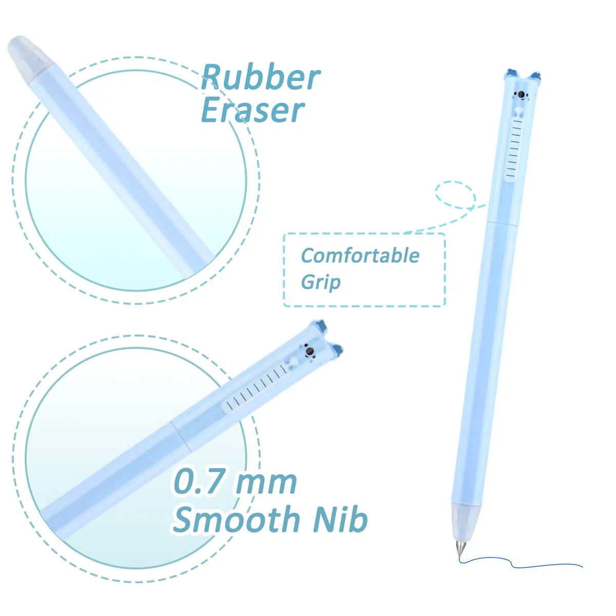 9 bolígrafos de gel borrables con punta de borrador de 0,7 mm, tinta azul, bonitos bolígrafos de gel de escritura suave, reescribibles, juego de bolígrafos de tinta térmica para escuela