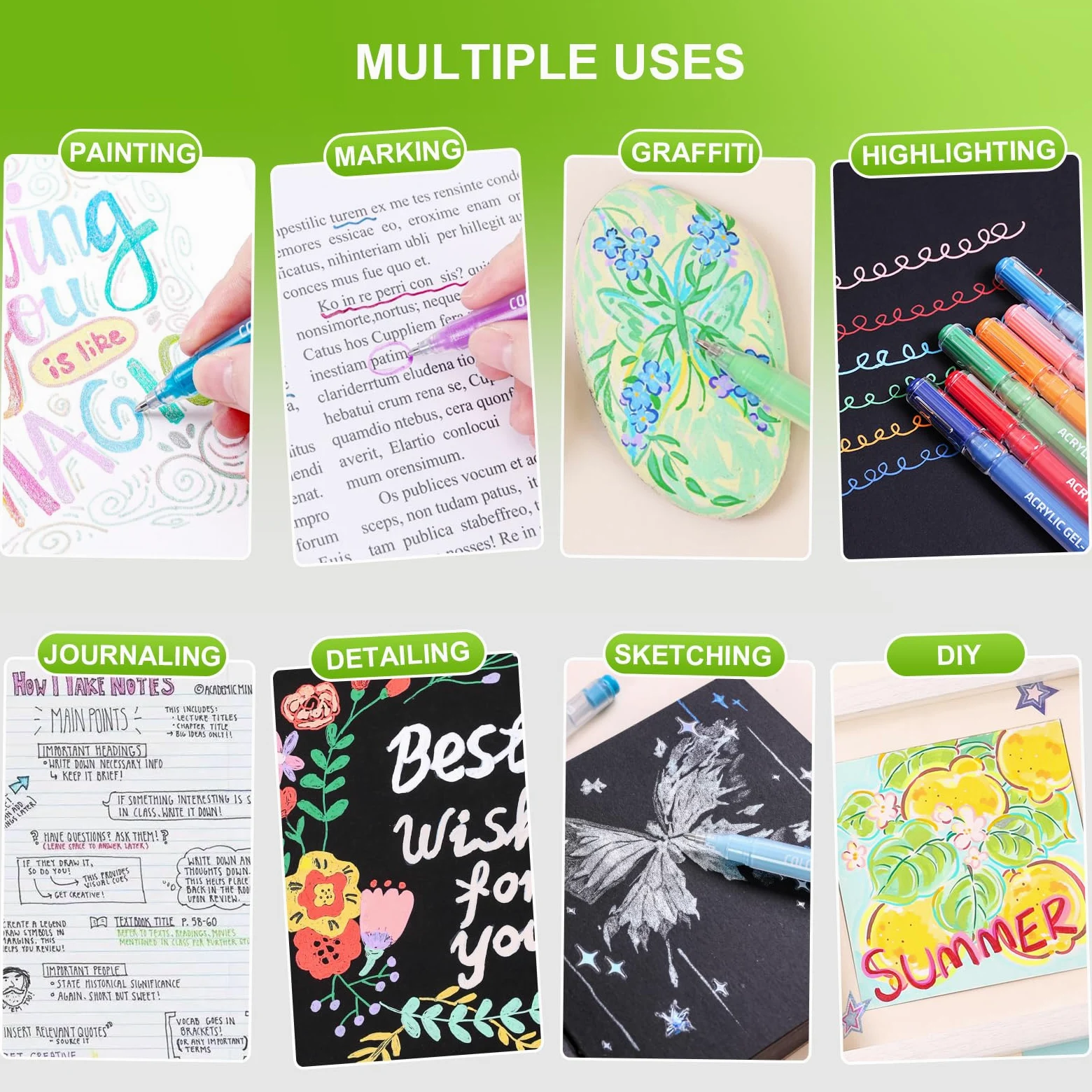 TrendGate 216 bolígrafos Acrílicos de Gel, 144 Acrilicos + 72 Purpurina | Punta de 1 mm, Se utiliza para dibujar y escribir sobre diversas superficies como lienzo, tela y papel