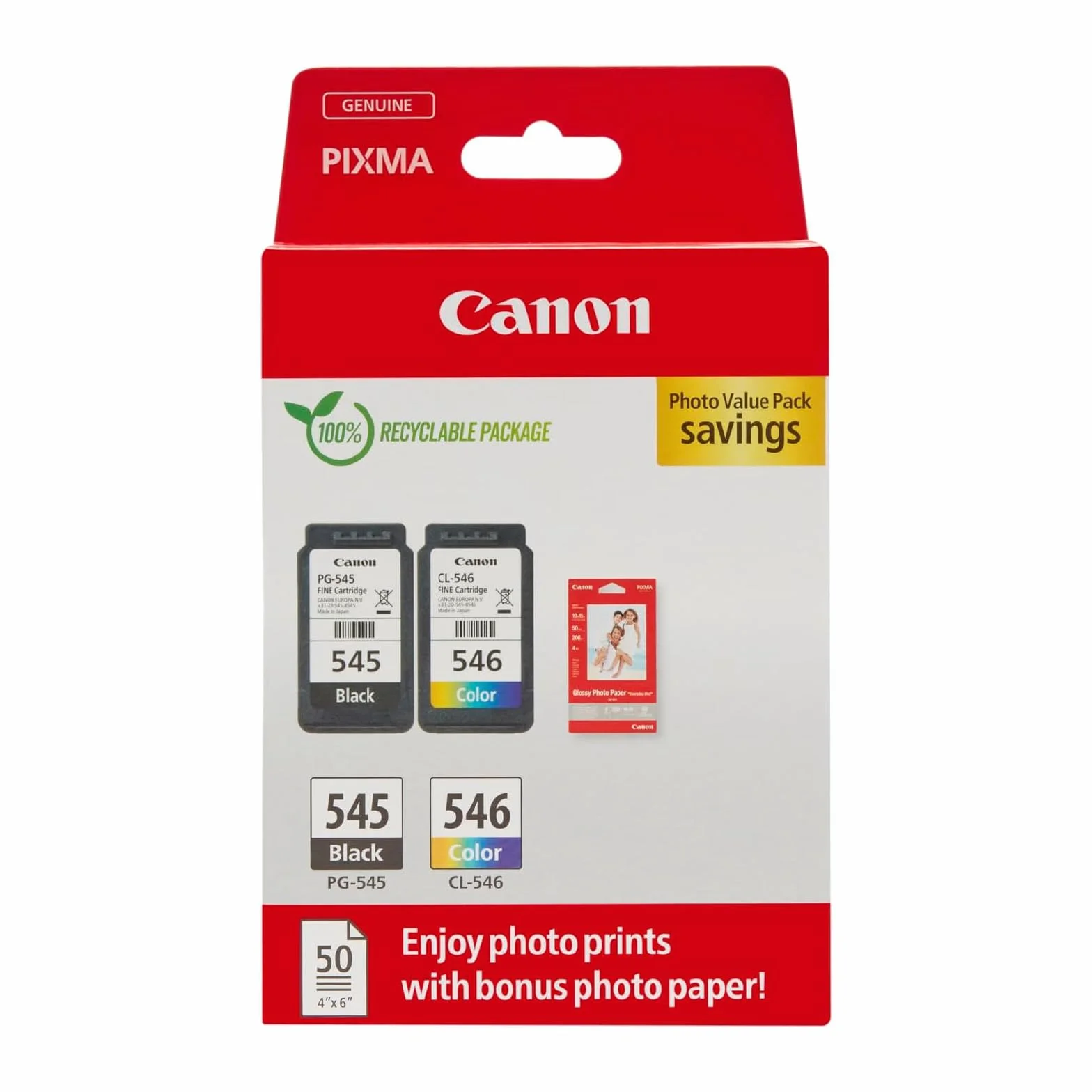 Canon Tinta y Papel Multipack - PG-545/CL-546 Cartuchos de Tinta Originales 2 Pack (1 x Negro, 1 x Color) y Papel Fotográfico 4x6 (50 x Hojas) - Compatible con impresoras PIXMA