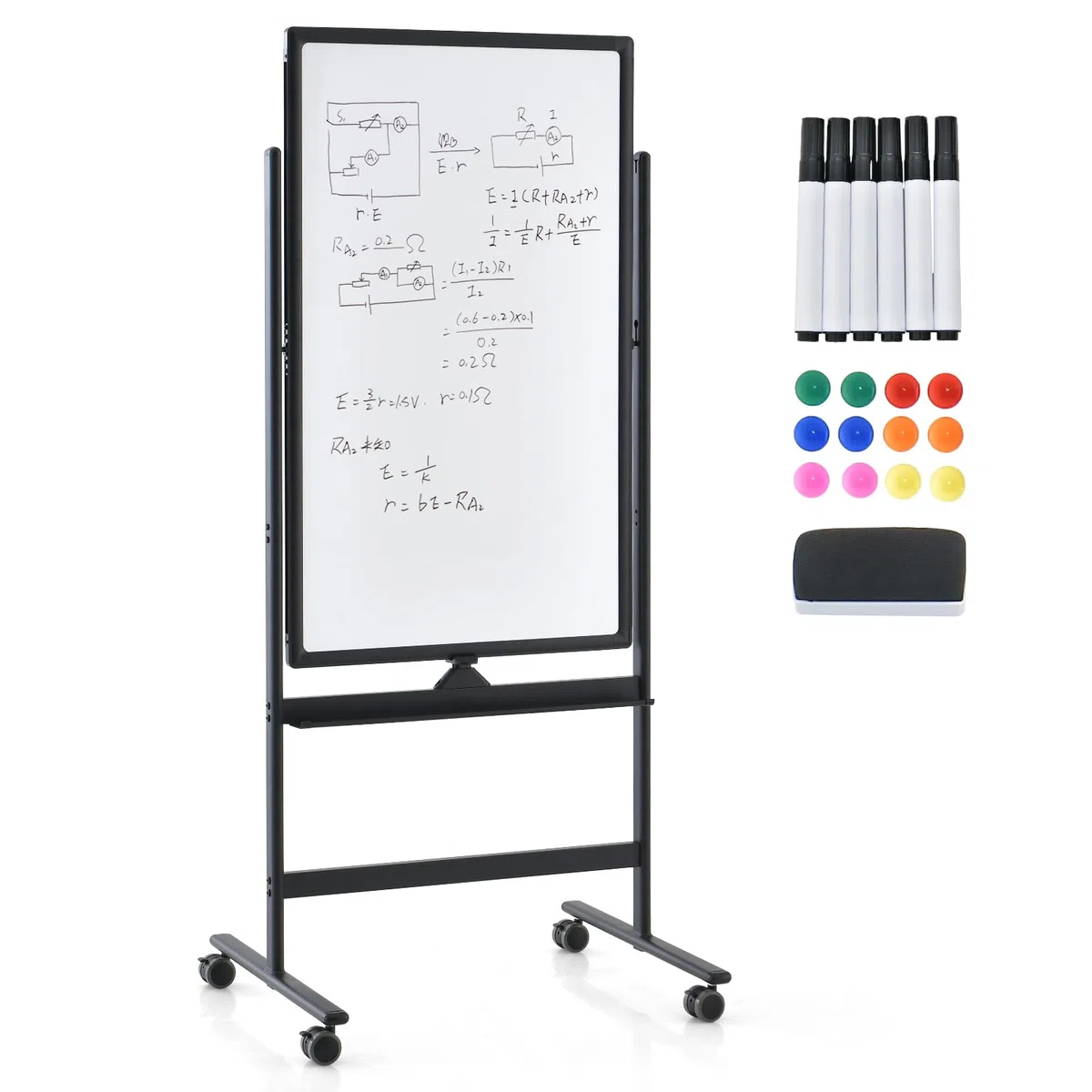 GIANTEX Pizarra Blanca Móvil de Doble Cara, 60 x 100 cm, Pizarra Magnética con Patas Ajustable en 2 Niveles, con Borrador en Seco, Marcadores Negros, Imanes, Pizarra de Caballete con Ruedas (Negro)