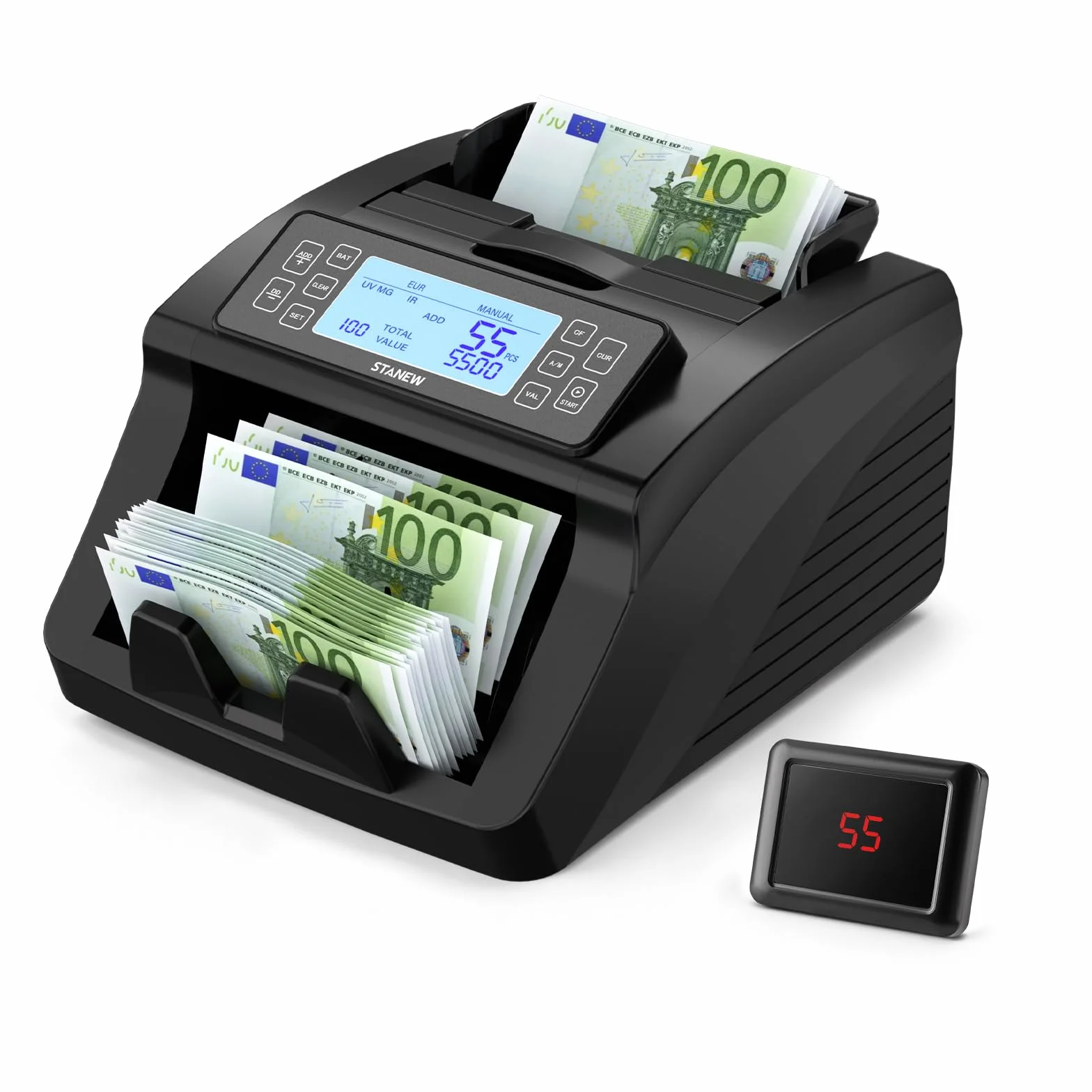 Contador de billetes STANEW, modos de conteo por lotes y cortes, contador de billetes profesional Euro,UV/MG/IR, velocidad >1000pcs/min, EUR/USD/GBP,Contador de billetes portátil con póster