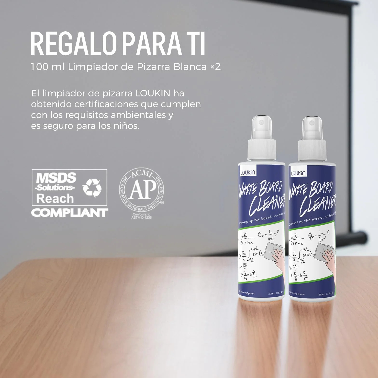 LOUKIN Borrador Magnético Seco para Pizarra Blanca 4 Unidades, Incluye 2 × 100 ml Limpiador, Gris