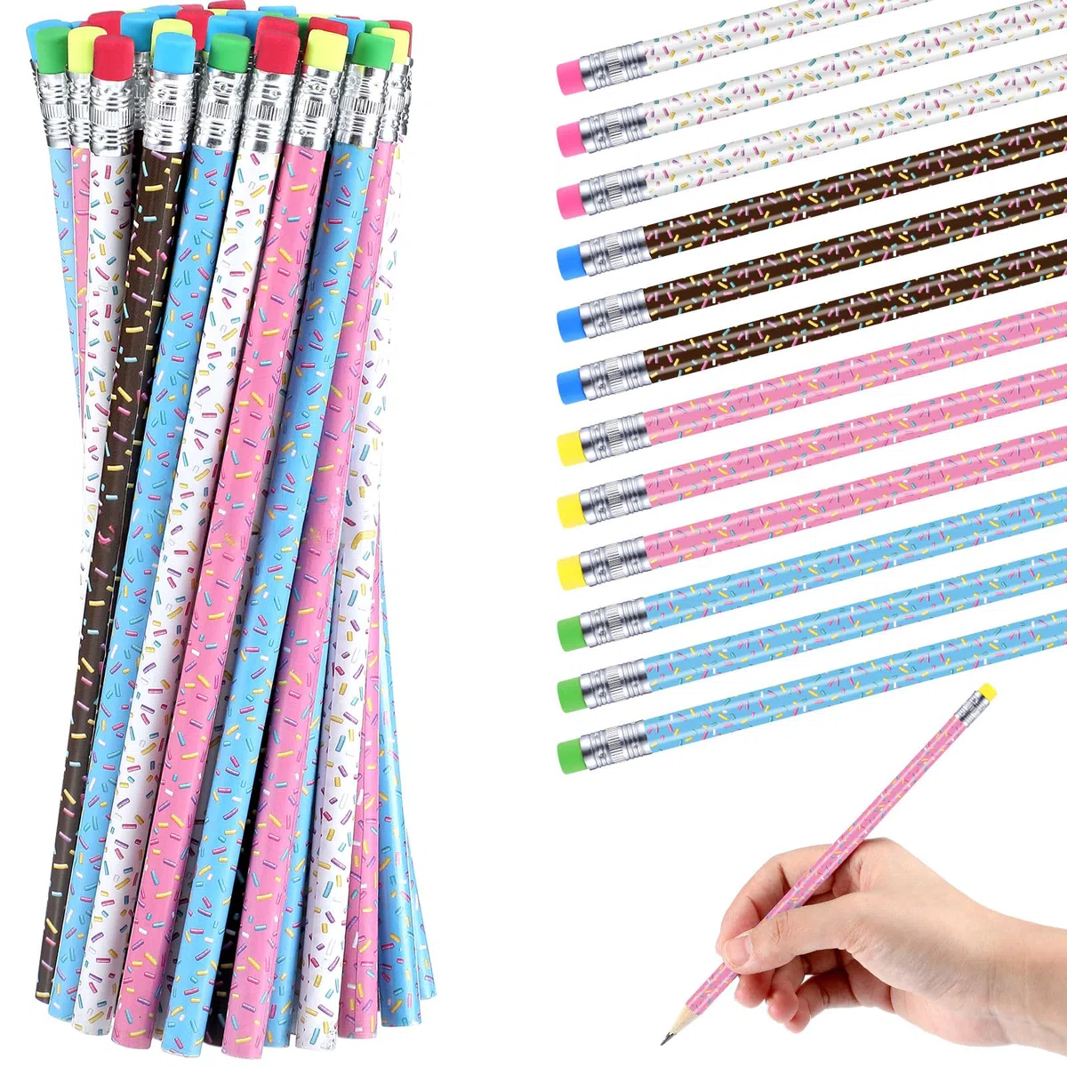 48 lápices de madera con gomas de borrar, regalos temáticos de dona para estudiantes, recuerdos de fiesta, profesores, escuela, aula, recompensa, premios de carnaval, suministros de oficina