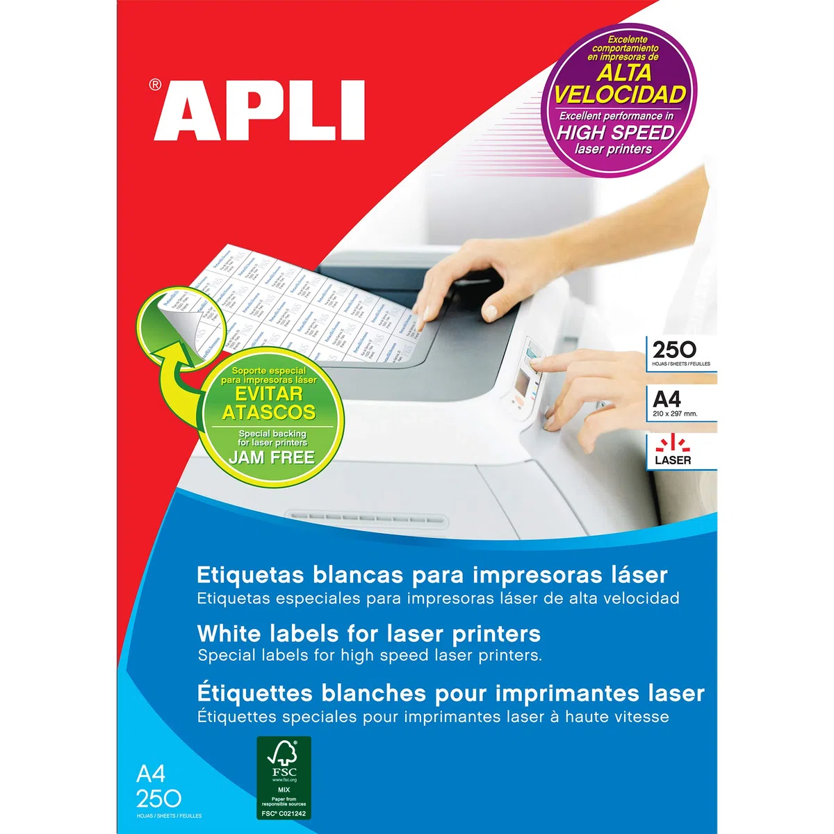 APLI 2520 - Caja de 250 hojas con etiquetas laser, 70 x 37 mm, blanco, 1 unidad