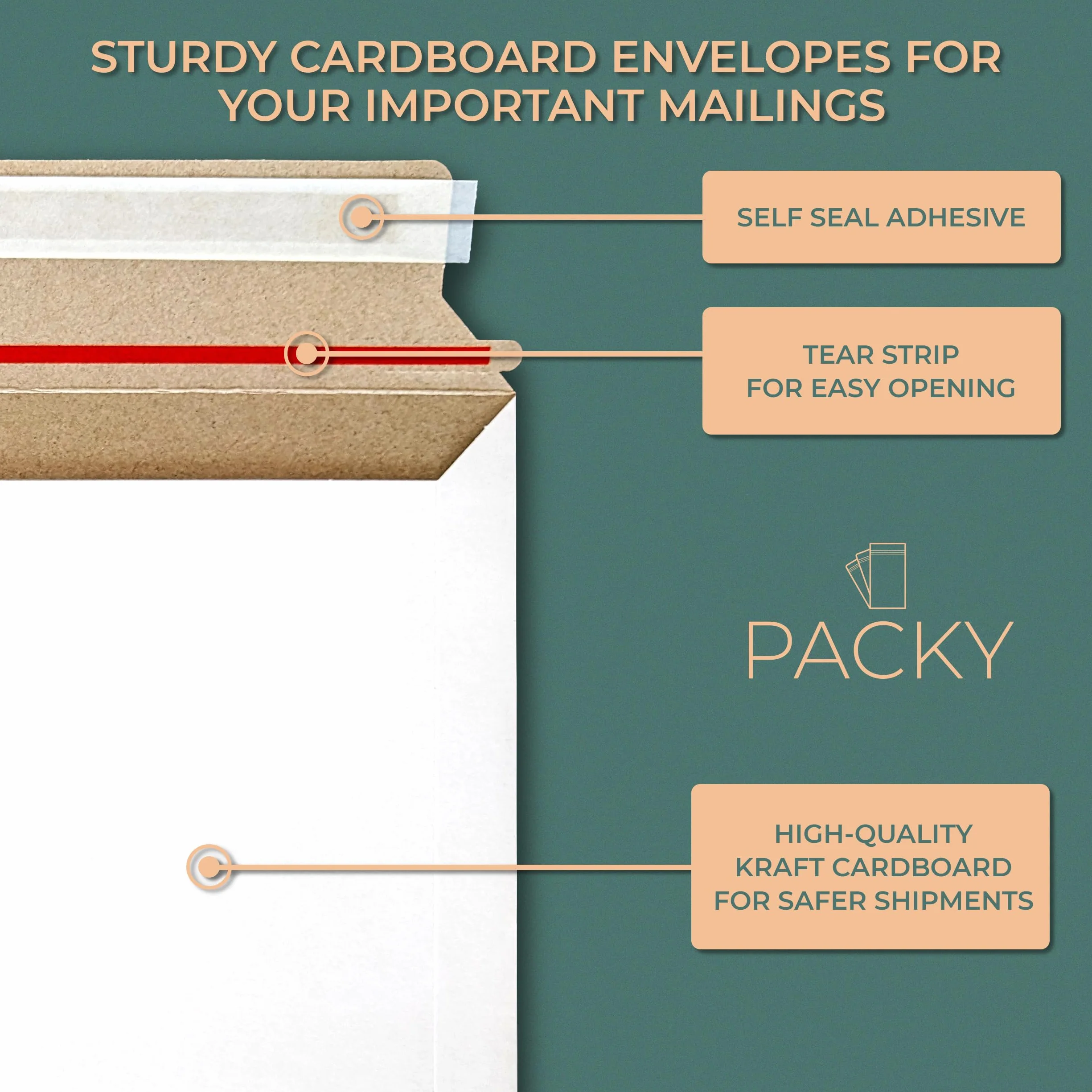 PACKY - Sobres Cartón C4 323x229 mm - 50 Unidades - Blanco - Cierre Autoadhesivo