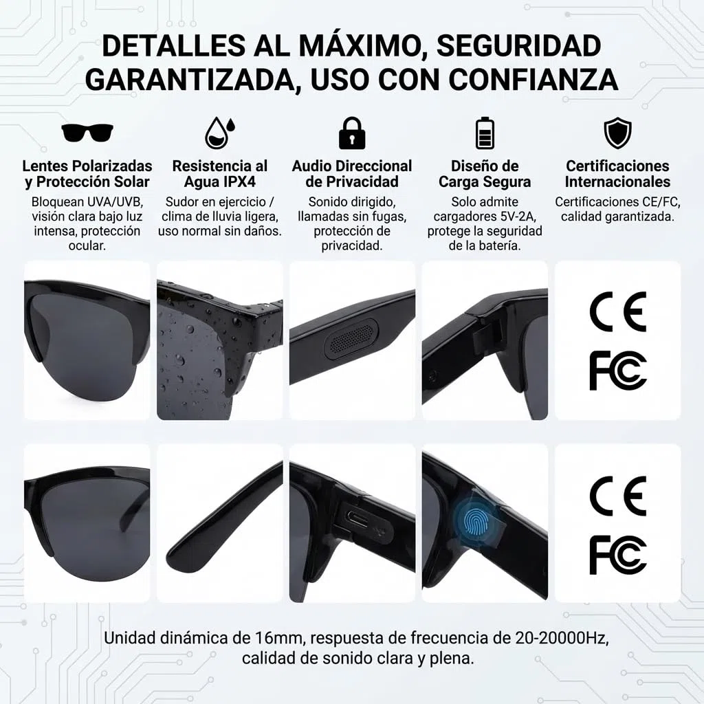 Genérico Gafas Inteligentes de Sol Bluetooth con IA y Traducción de Voz,Smart Glasses Audio para Llamadas y Música, Micrófono Antirruido para Bici y Running, Compatibles con iOS y Android - Negro