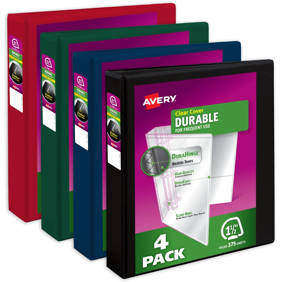 Avery Durable View - Carpetas de 3 anillos, anillos inclinados de 1.5 pulgadas, capacidad de 375 hojas, DuraHinge, lomo de 2.1 pulgadas de ancho, cubiertas transparentes personalizables y lomo,
