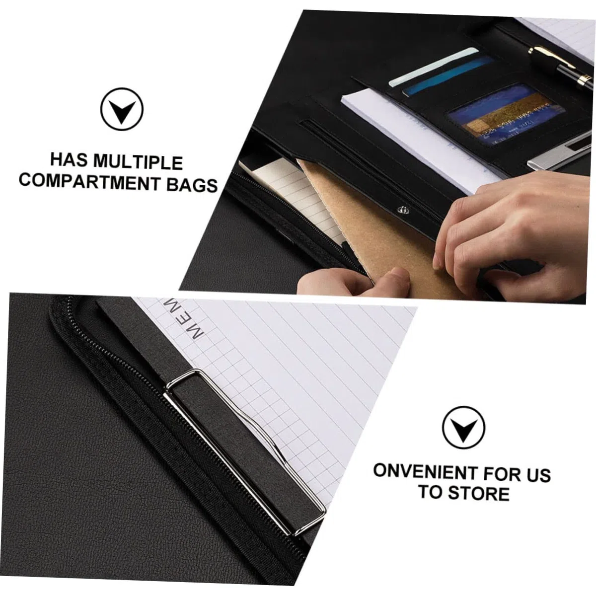 OSALADI Carpeta Portafolios con Cremallera A4 Negra de Pu para Negocios | Cuaderno A4 Incluido, Varios Compartimentos, Ligera y Elegante, Protege el Contenido y Facilita el Transporte