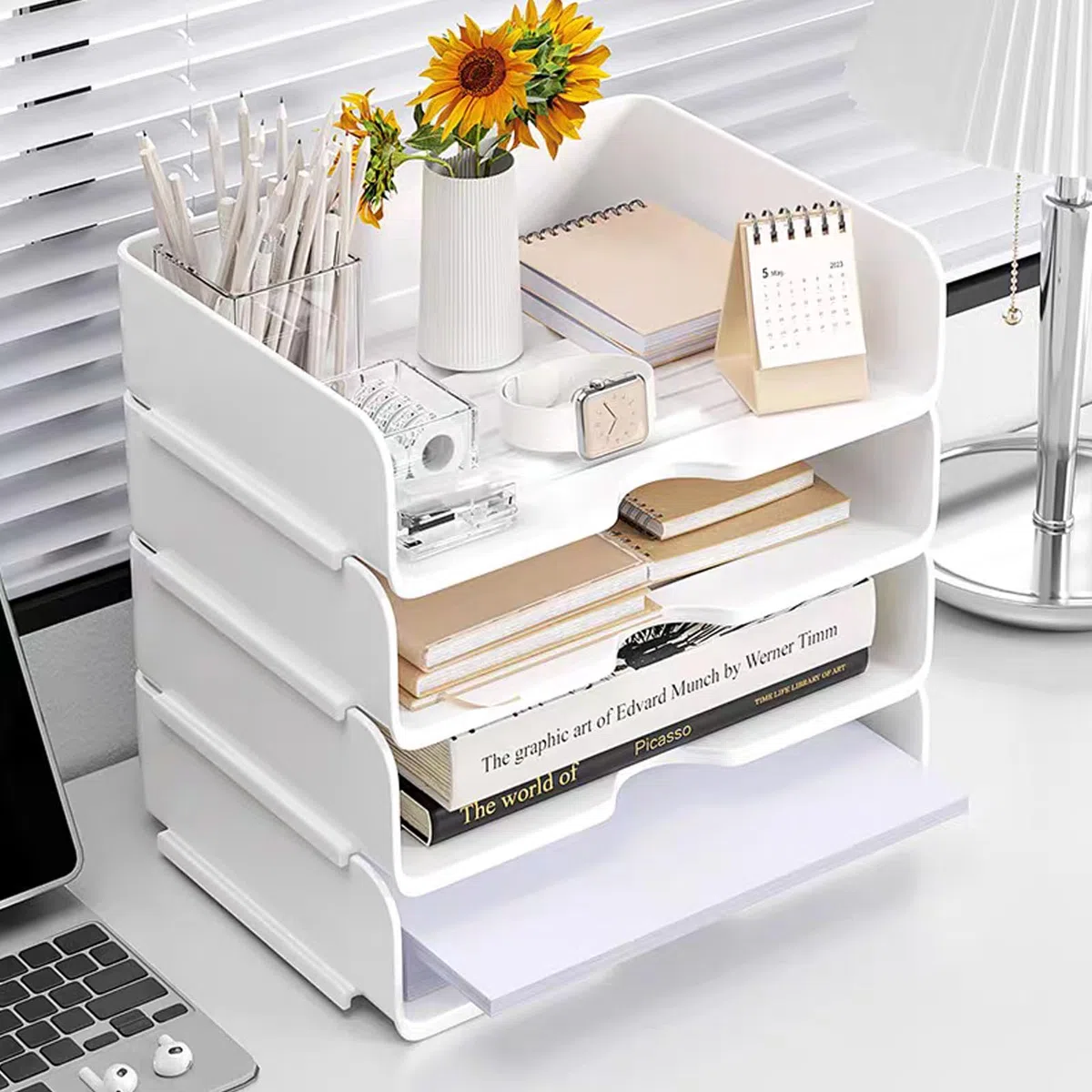 Organizador de escritorio y almacenamiento, organizador de bandeja de papel de 4 niveles, apilable, organizador de escritorio blanco y almacenamiento con 4 carpetas de archivos para documentos, papel,