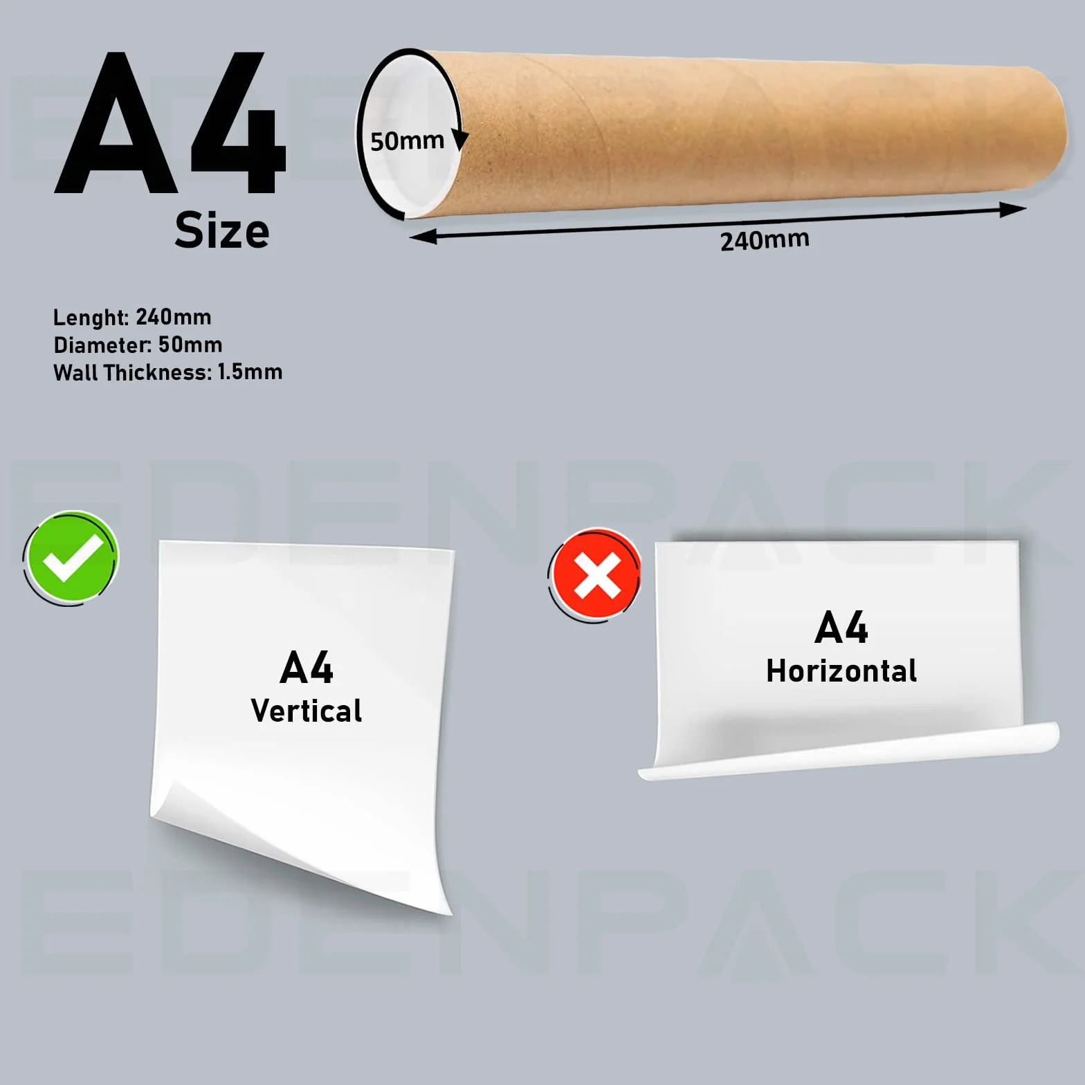 Tubos postales A4 240 mm x 50 mm cartón resistente para envío pósteres documentos planos (50)