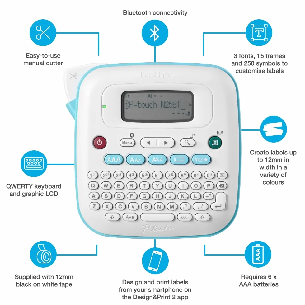 Brother PTN25BT Rotuladora electrónica de sobremesa para el hogar y la Oficina, Pantalla con Vista previa, Bluetooth