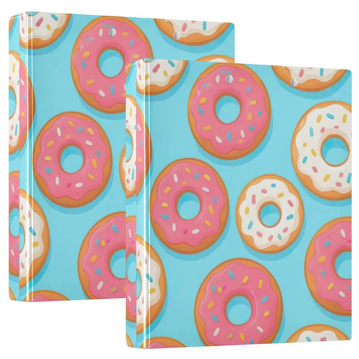 Carpeta de tres anillos con diseño de donas coloridas, color rosa, blanco y azul, carpeta de anillos en D, paquete de 2 | Con portapapeles y bolsillos, para escuela, universidad, oficina