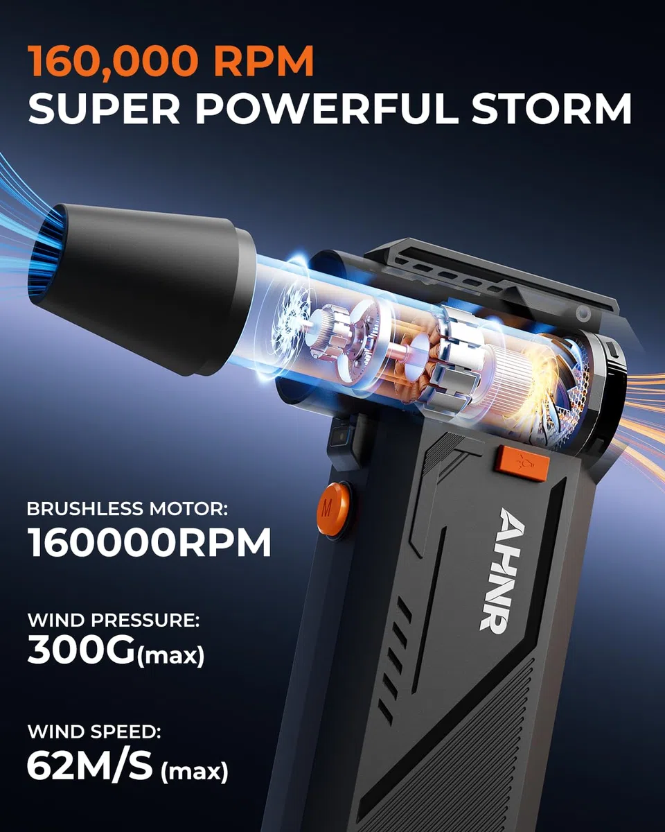 AHNR - Plumero de aire comprimido, 160.000 rpm, potente soplador eléctrico recargable con motor sin escobillas, mini soplador de aire ajustable de 3 engranajes inalámbrico para computadora, teclado