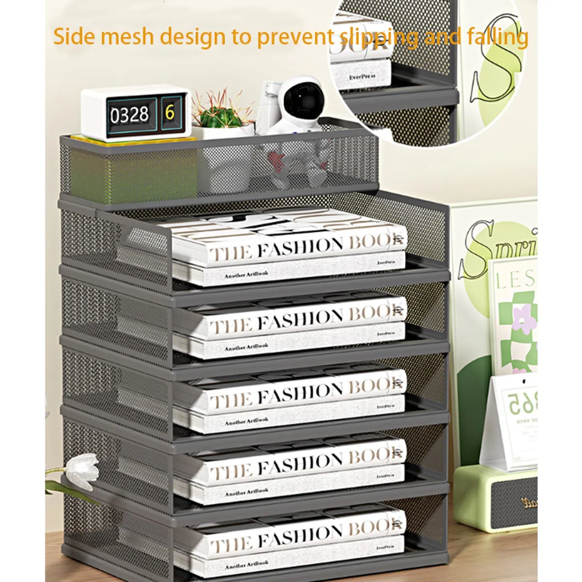 Organizador de escritorio de malla con bandeja de papel y múltiples compartimentos, soporte de suministros de almacenamiento de oficina y hogar para archivos de escritorio y cartas
