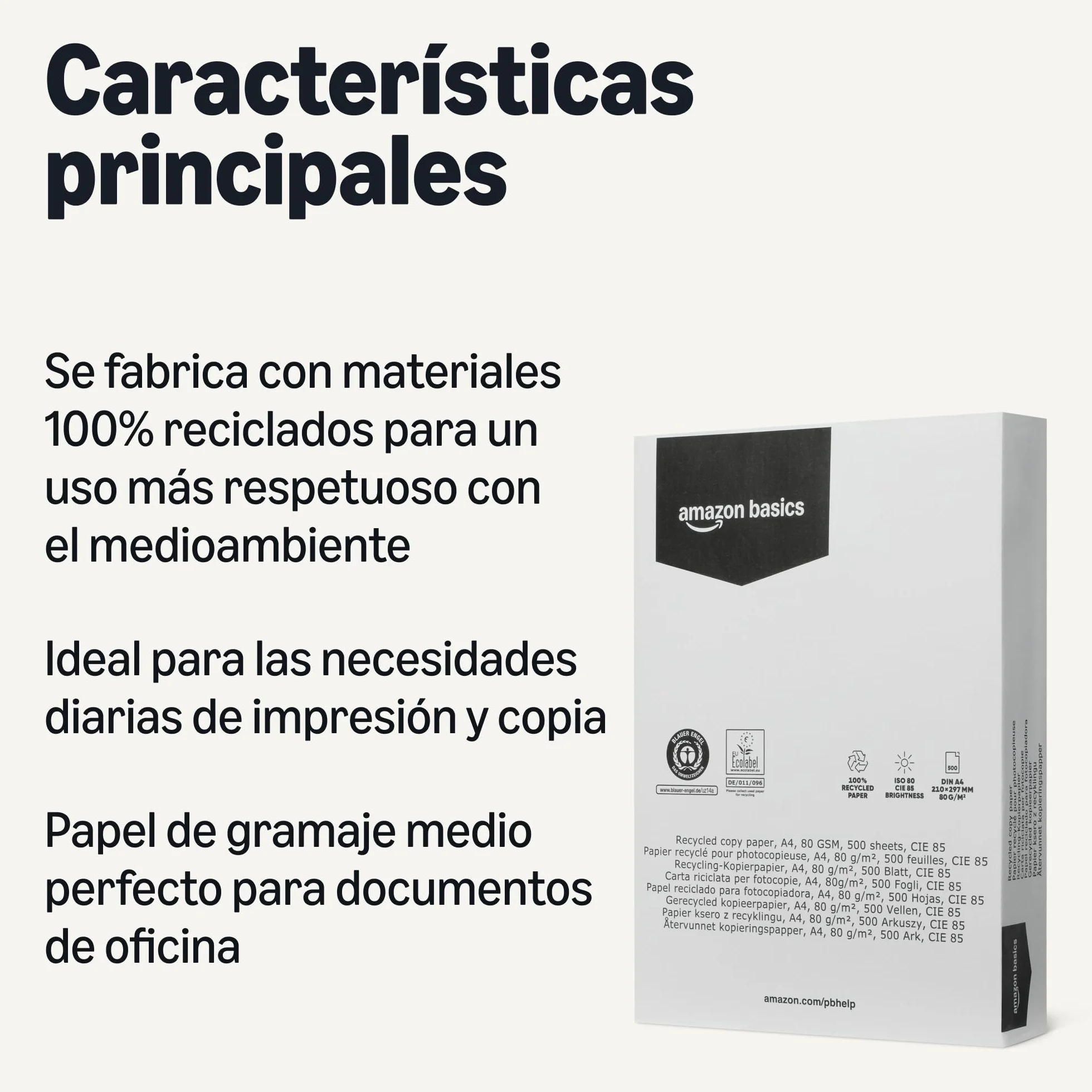 Amazon Basics Papel de Copia 100% Reciclado A4, 80g/m², 2500 Hojas (5 Resmas), Color Blanco Natural
